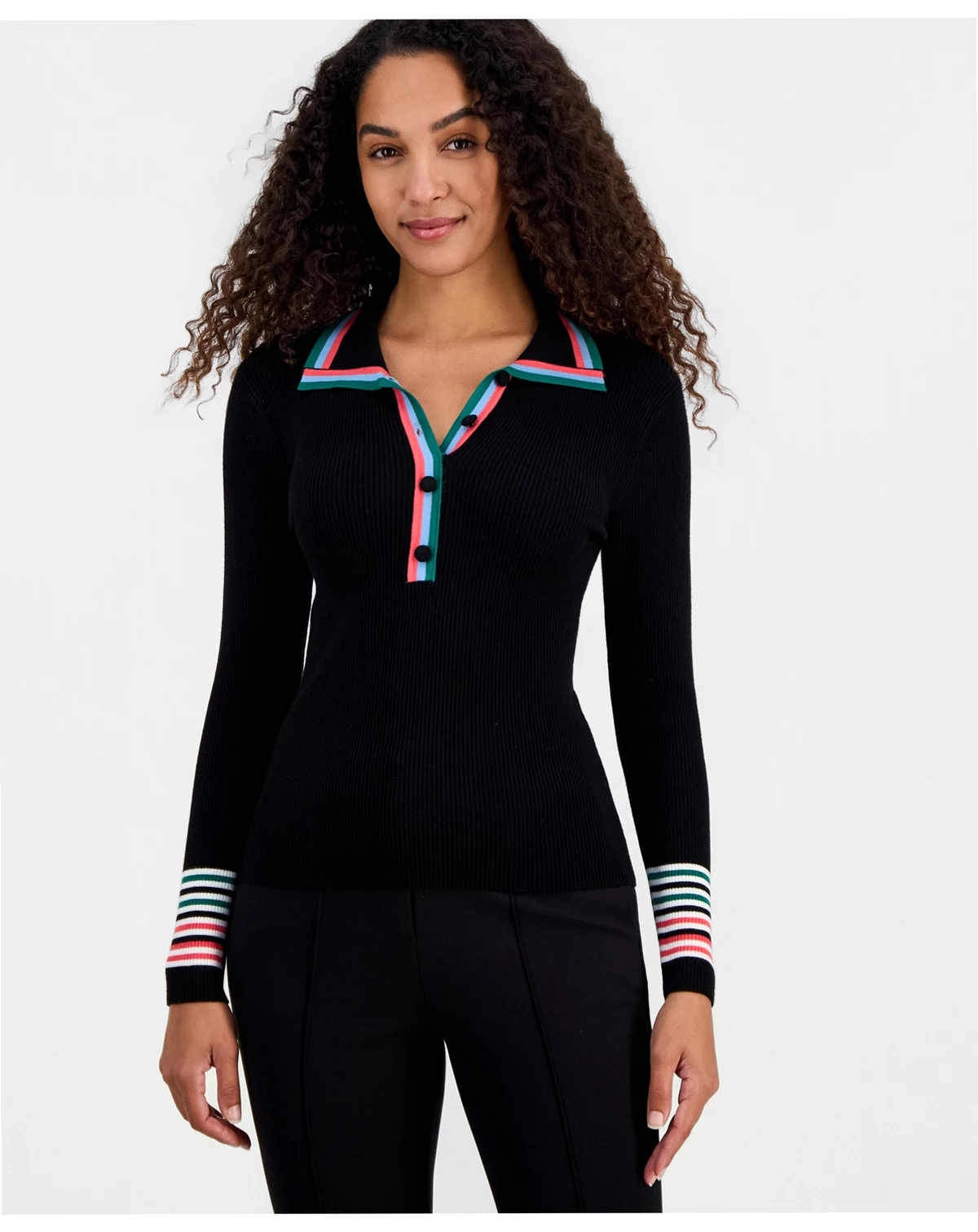 Women's Striped-Trim Collared Button Top