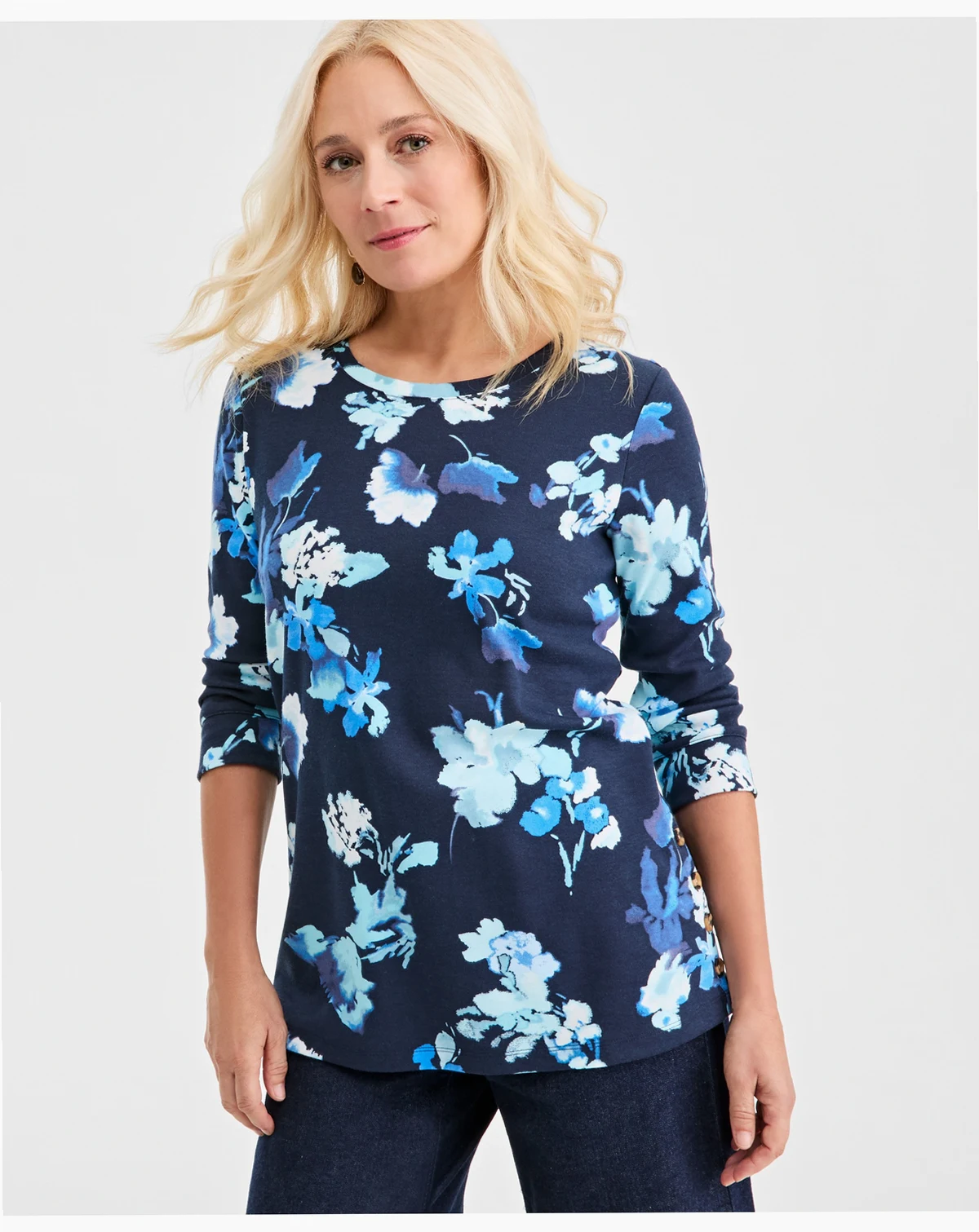 Petite Crew Neck Button Pattern Top, Macy's Exclusive