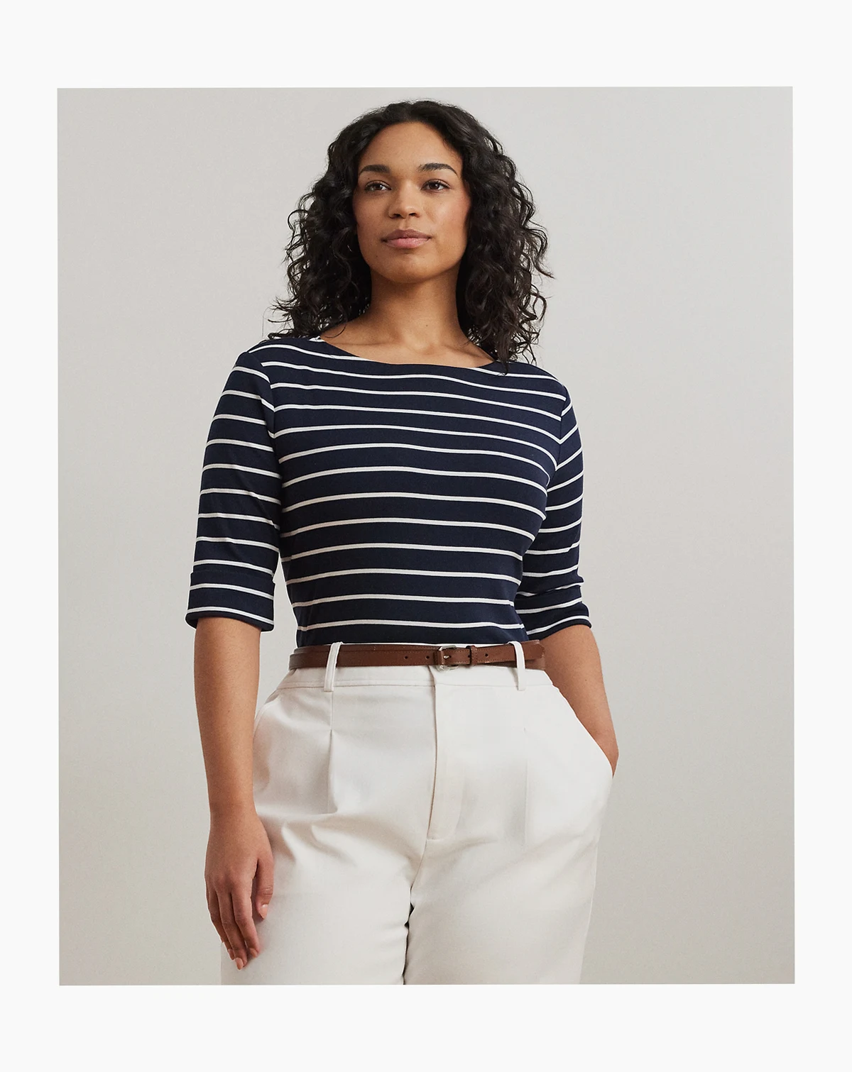 Plus Size Striped Cotton Boatneck T-Shirt