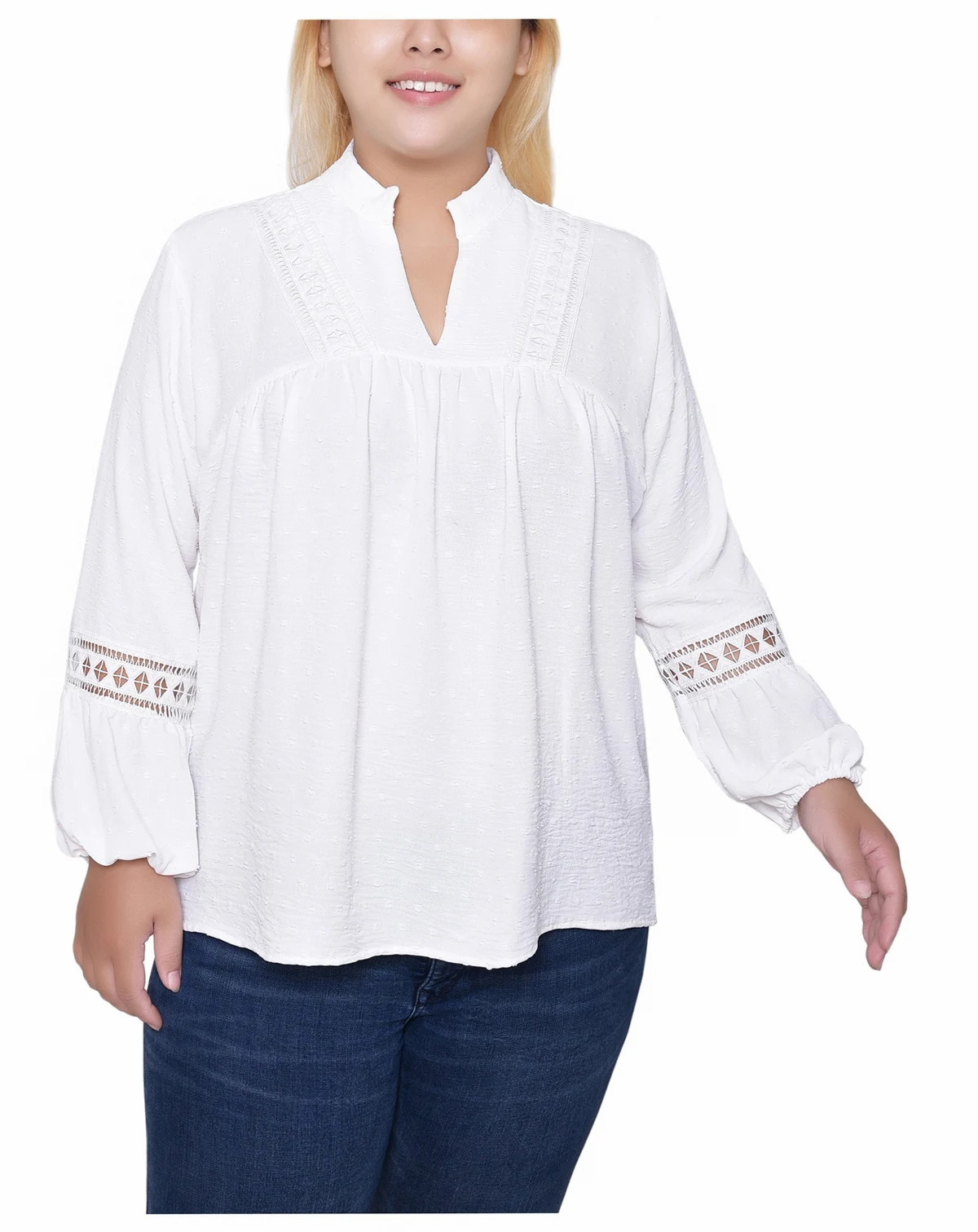 Women's Plus Size Crochet Trim Long Sleeve Blouse Top