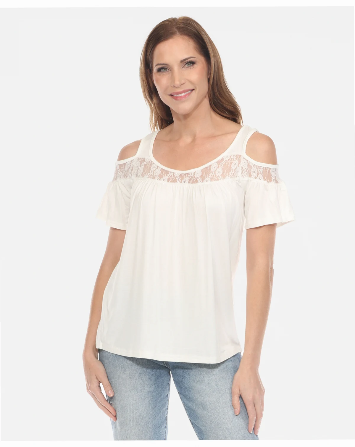 Women's Cold Shoulder Lace Trim Knit Top