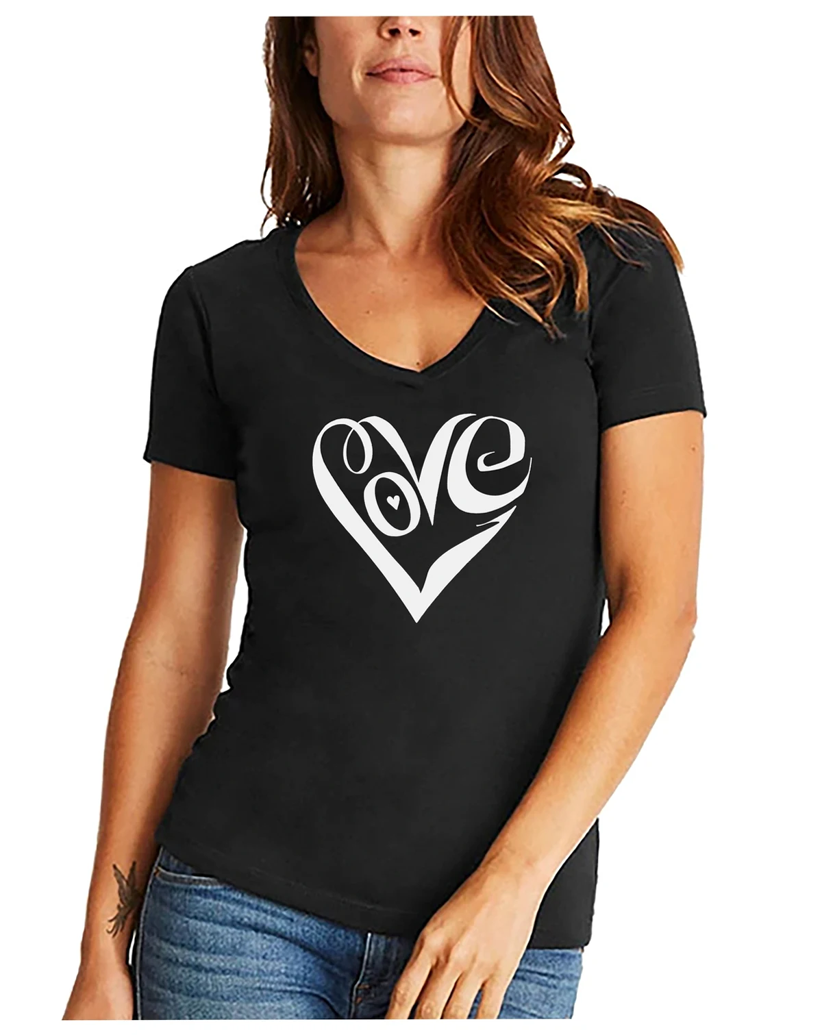 Women's V-neck Word Art Script Love Heart T-shirt