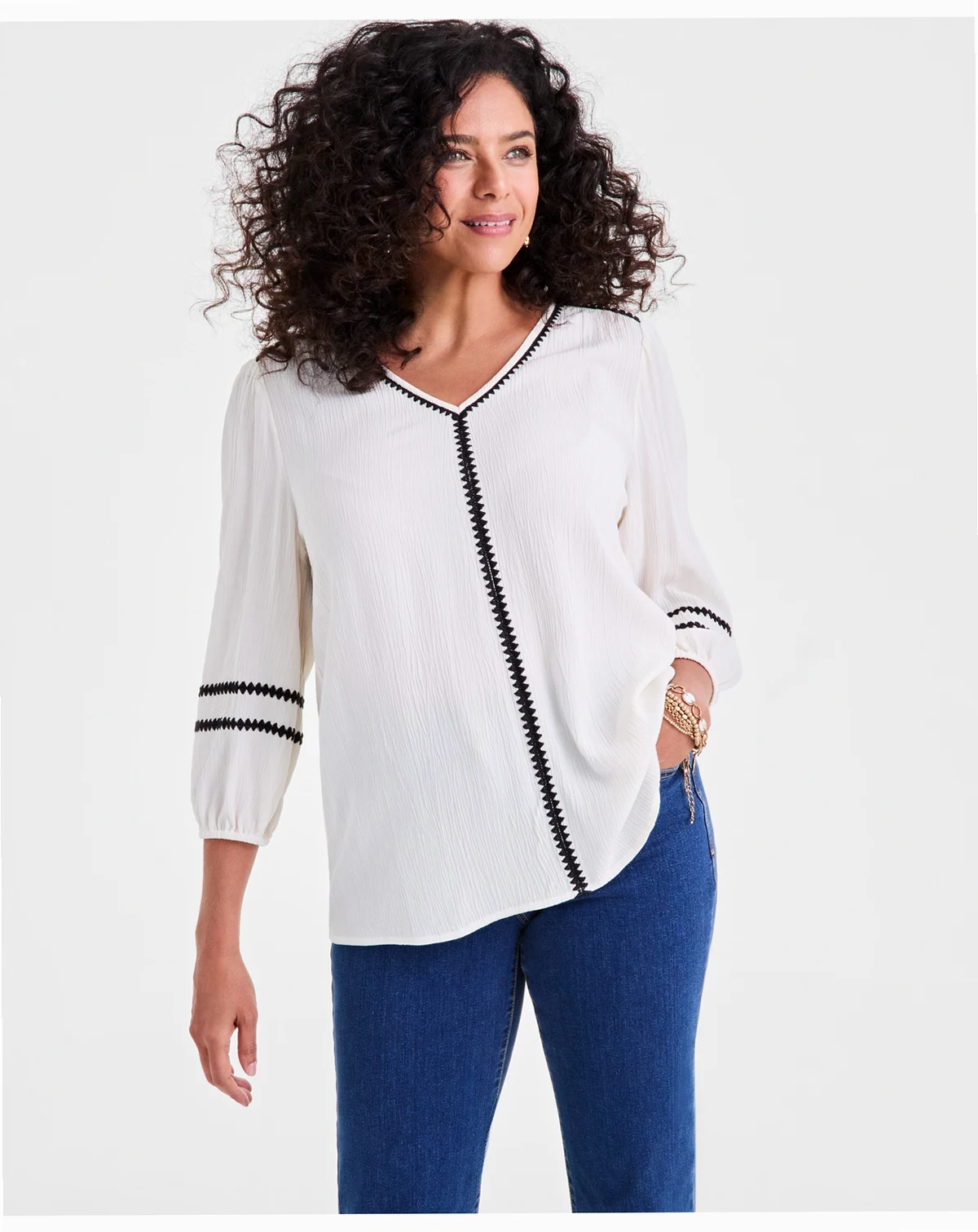 Women's V-Neck Contrast-Trim 3/4-Sleeve Blouse, Exclusively at Macy's