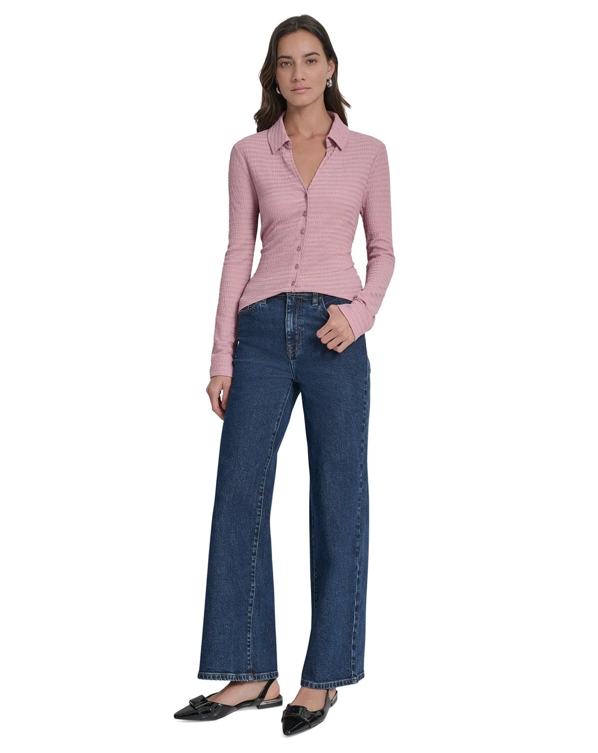 Women's Textured Collared Button-Front Top