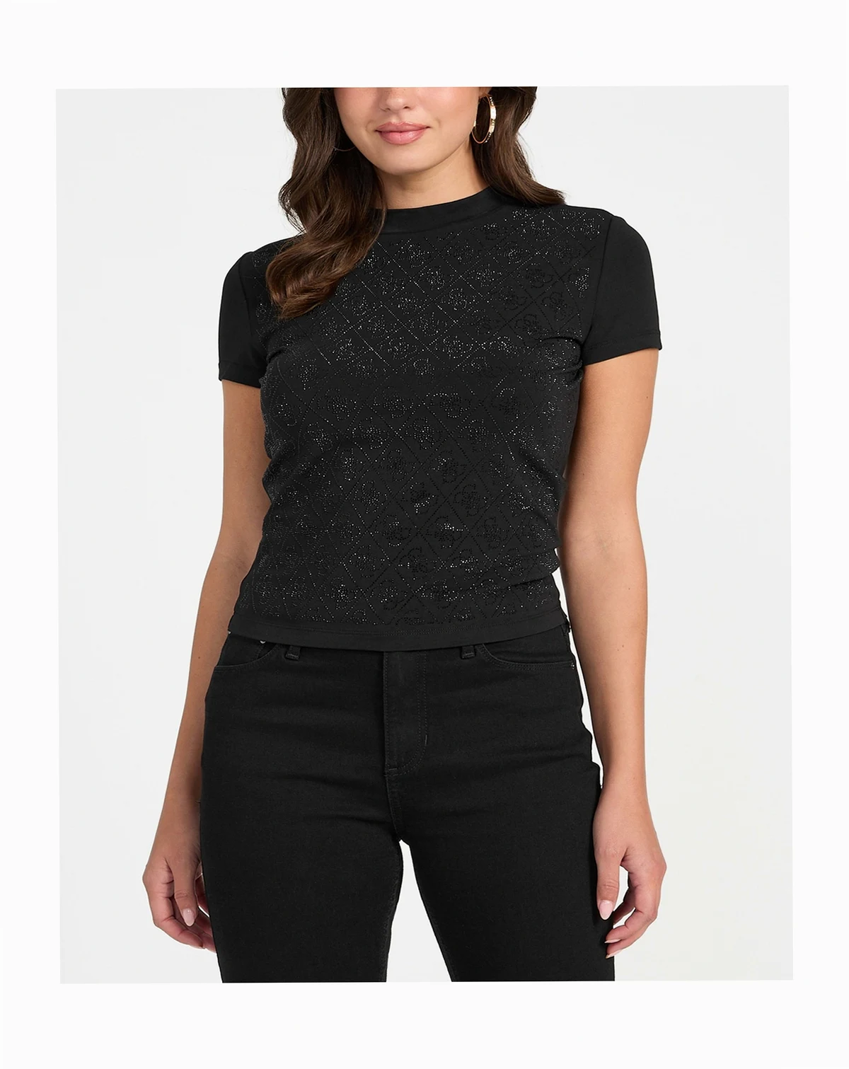 Women's Rhinestone-Logo Mock-Neck Short-Sleeve Top