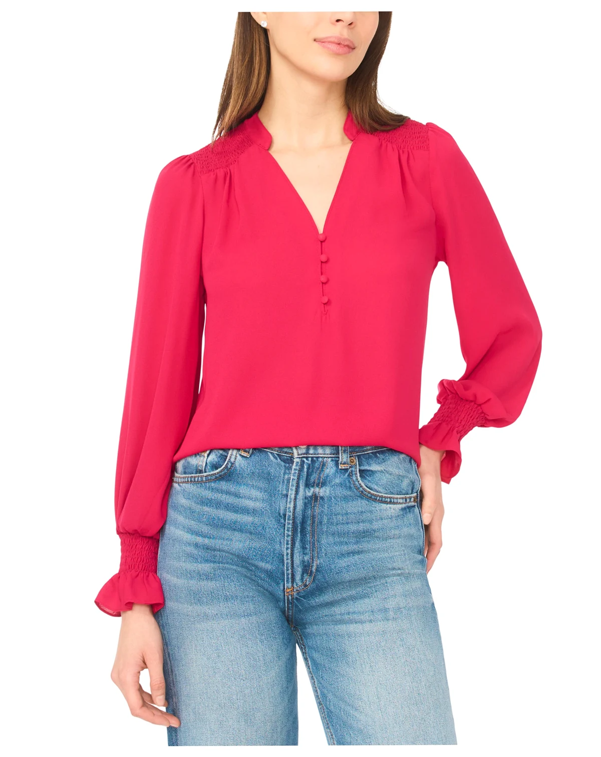Women's Long-Sleeve V-Neck Smocked Top