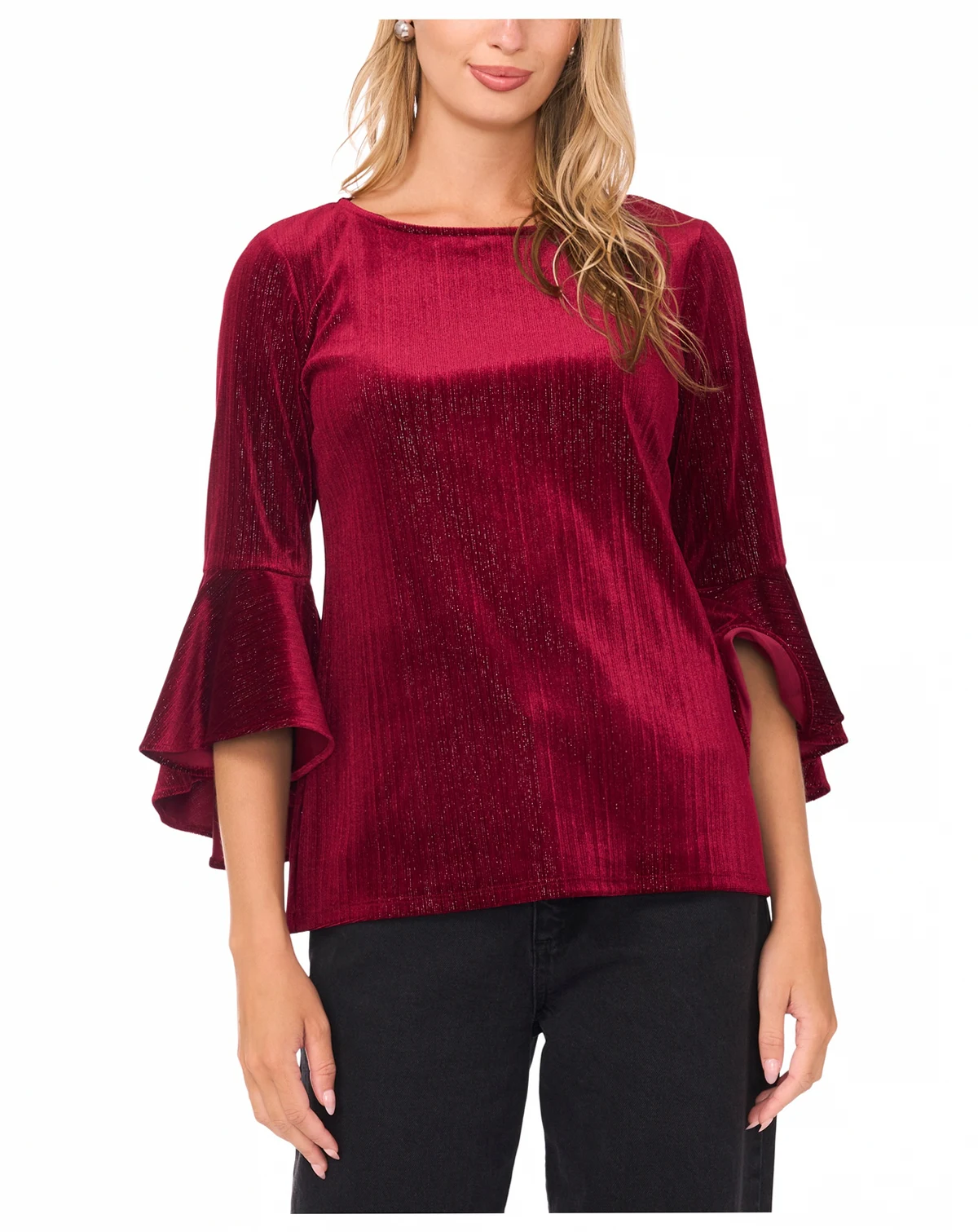 Women's Velvet Crewneck Bell 3/4-Sleeve Blouse