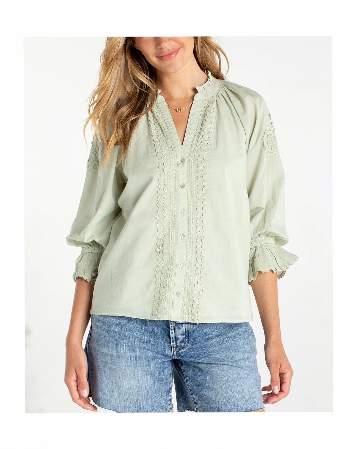 Women's Button-Front V-Neck Woven Blouse