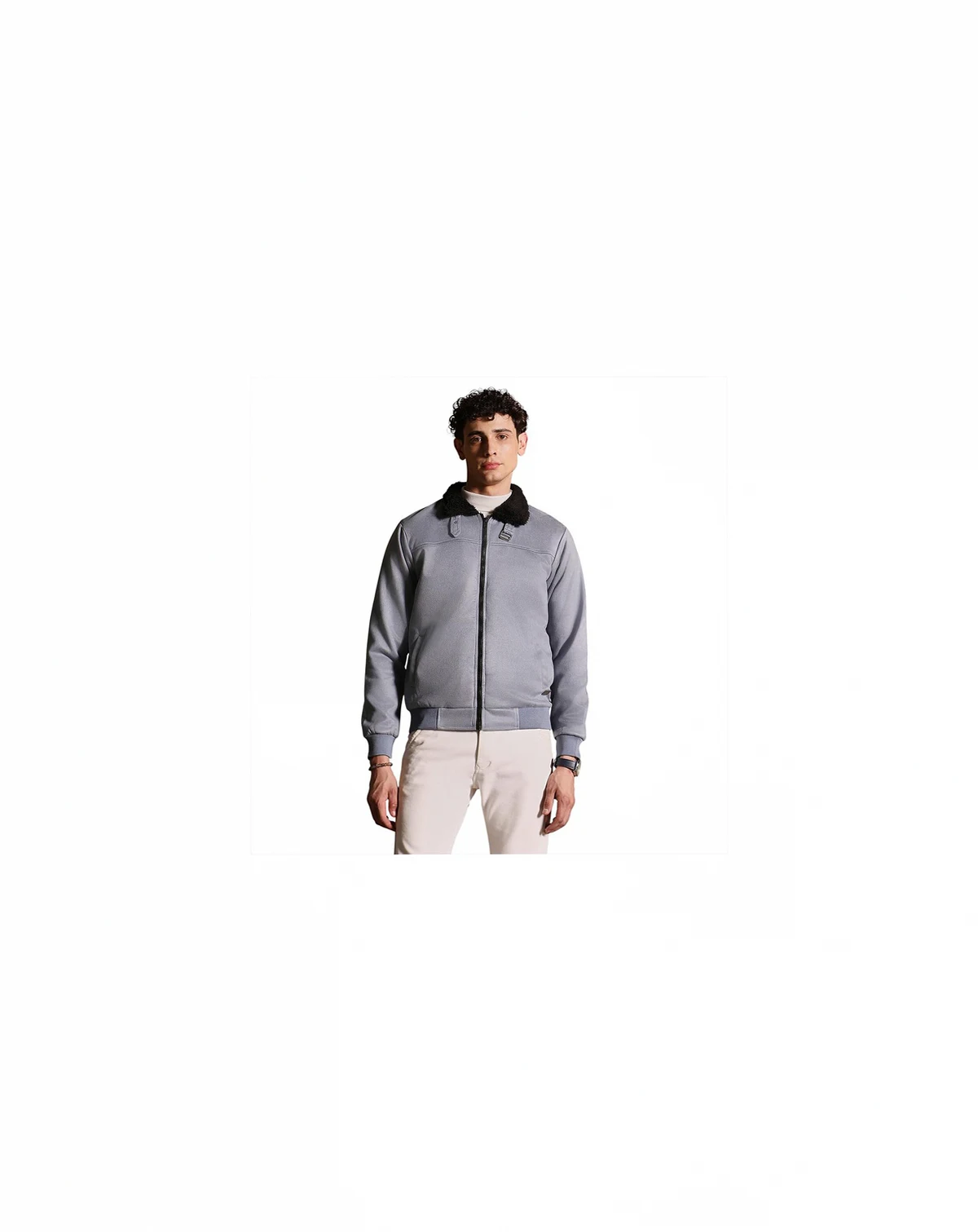 Men's Coin Grey Contrast Sherpa-Lined Suede Bomber Jacket