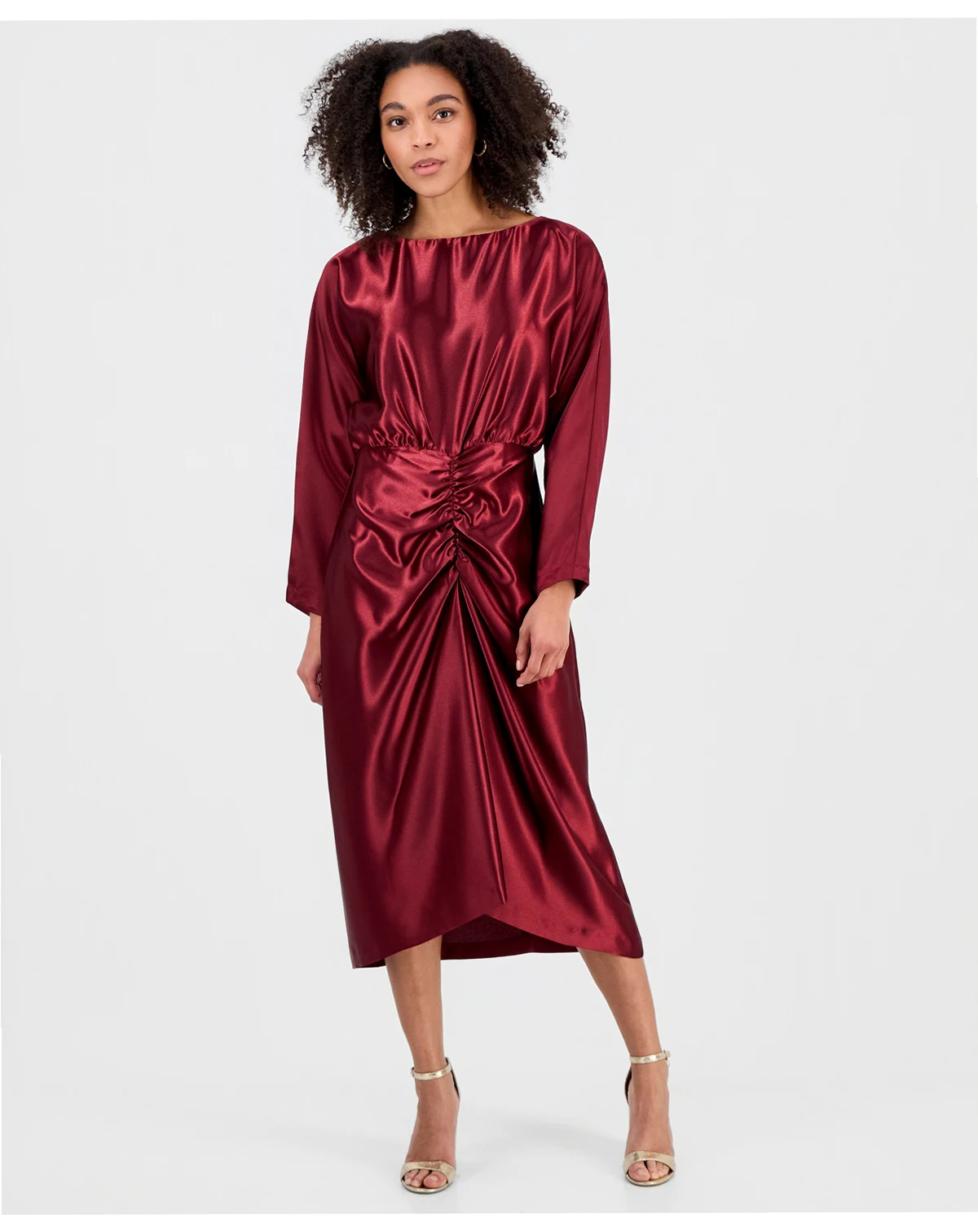 Women's Ruched Dolman-Sleeve Boat-Neck Midi Dress