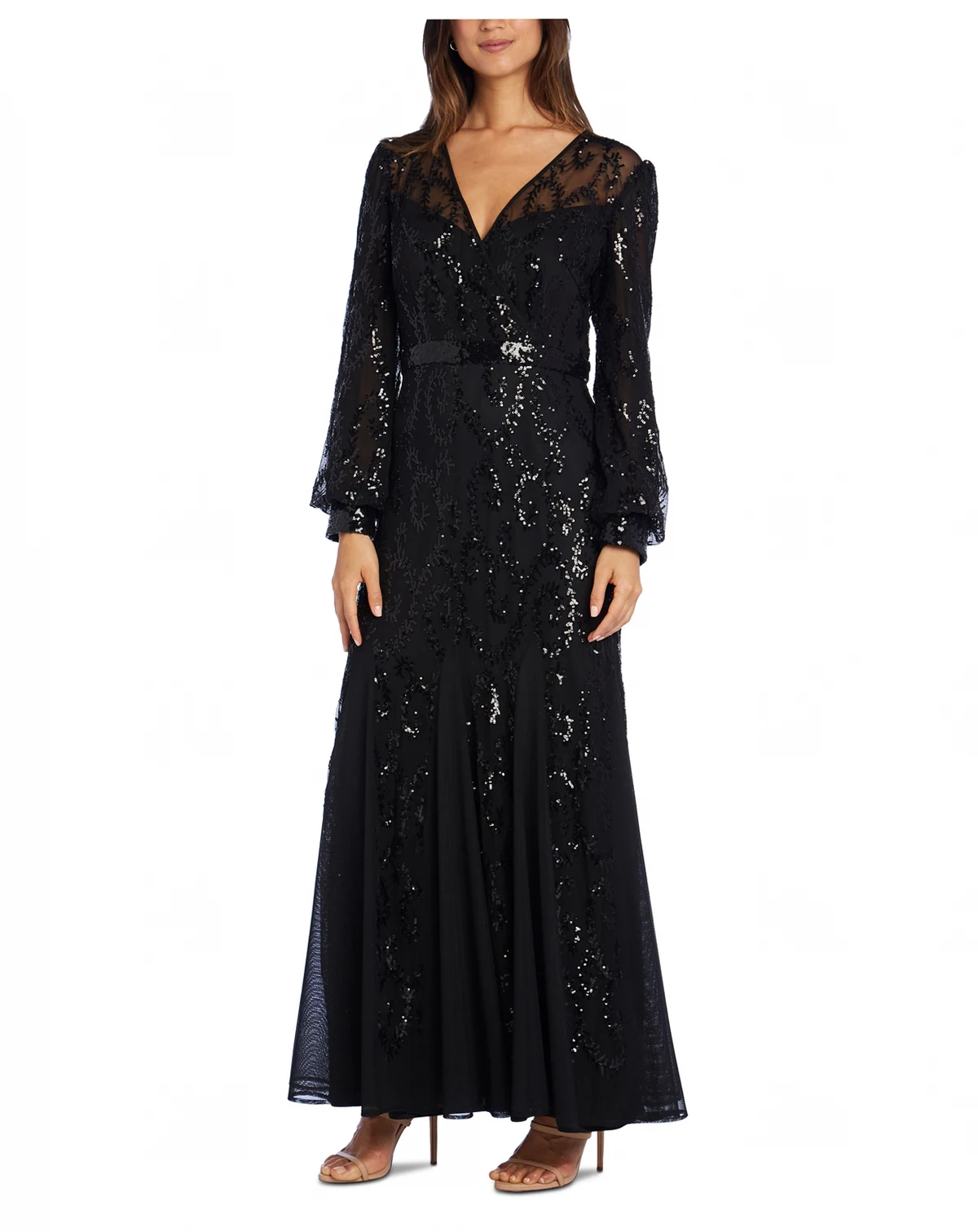 Sequined Blouson-Sleeve Gown