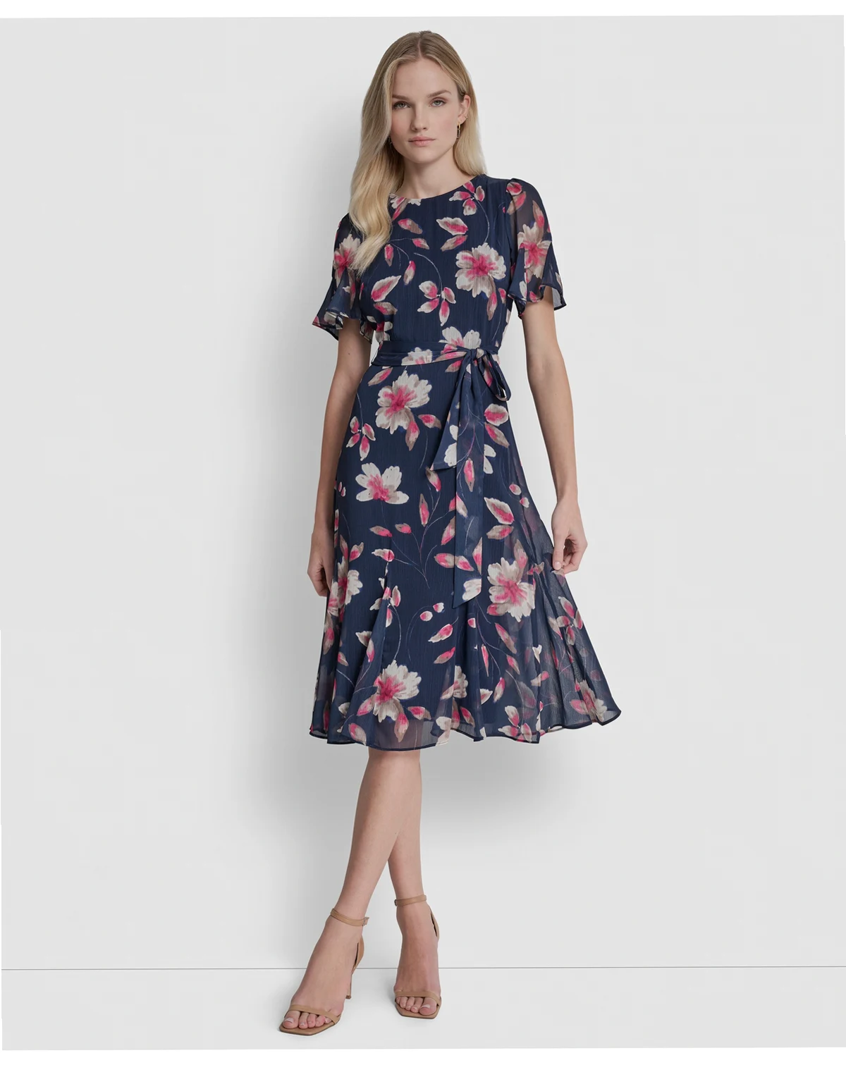 Women's Short Godet-Sleeve Jewel Neck Midi Dress