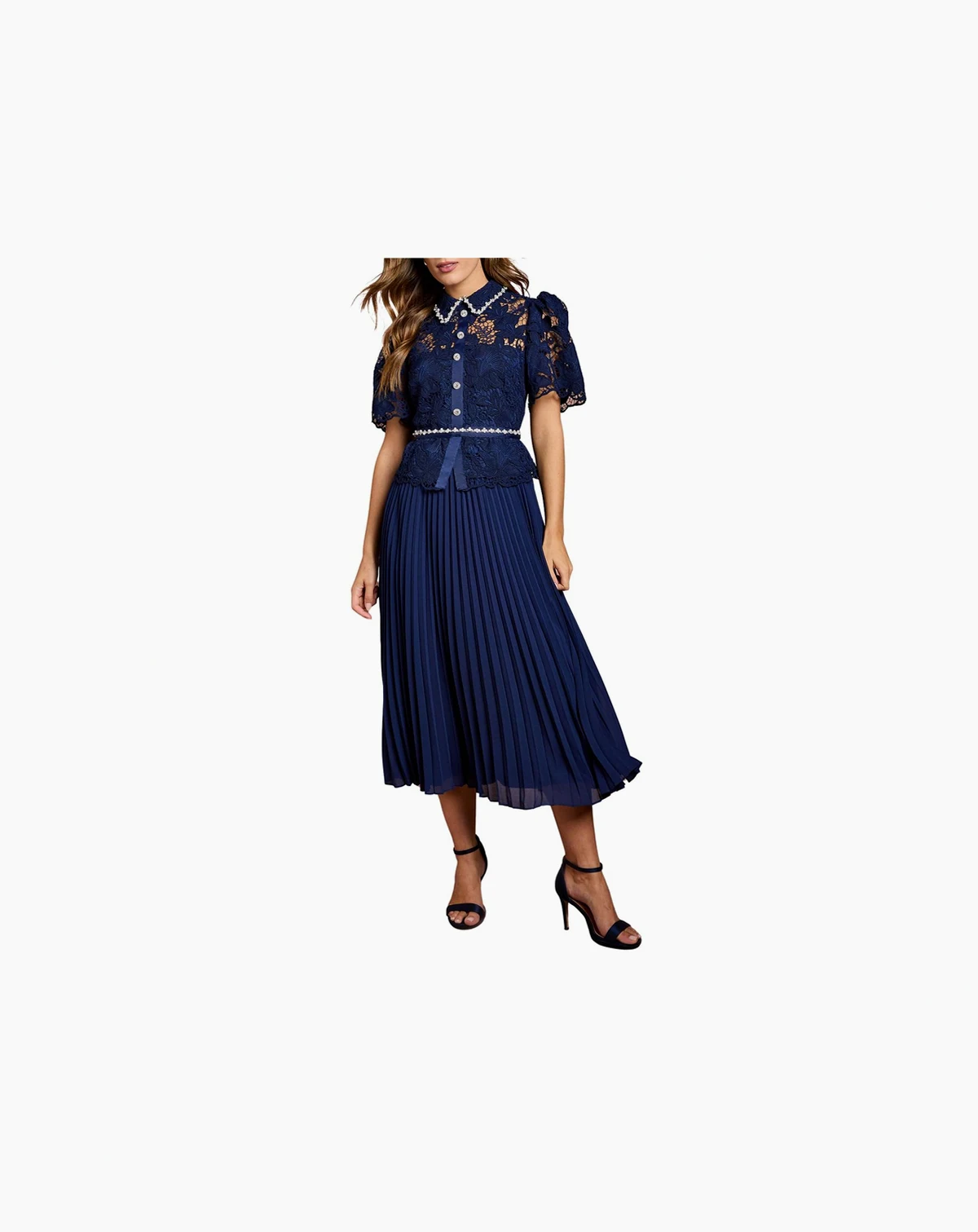 Women's Lace Top Pleat Skirt Jewel Button Dress.