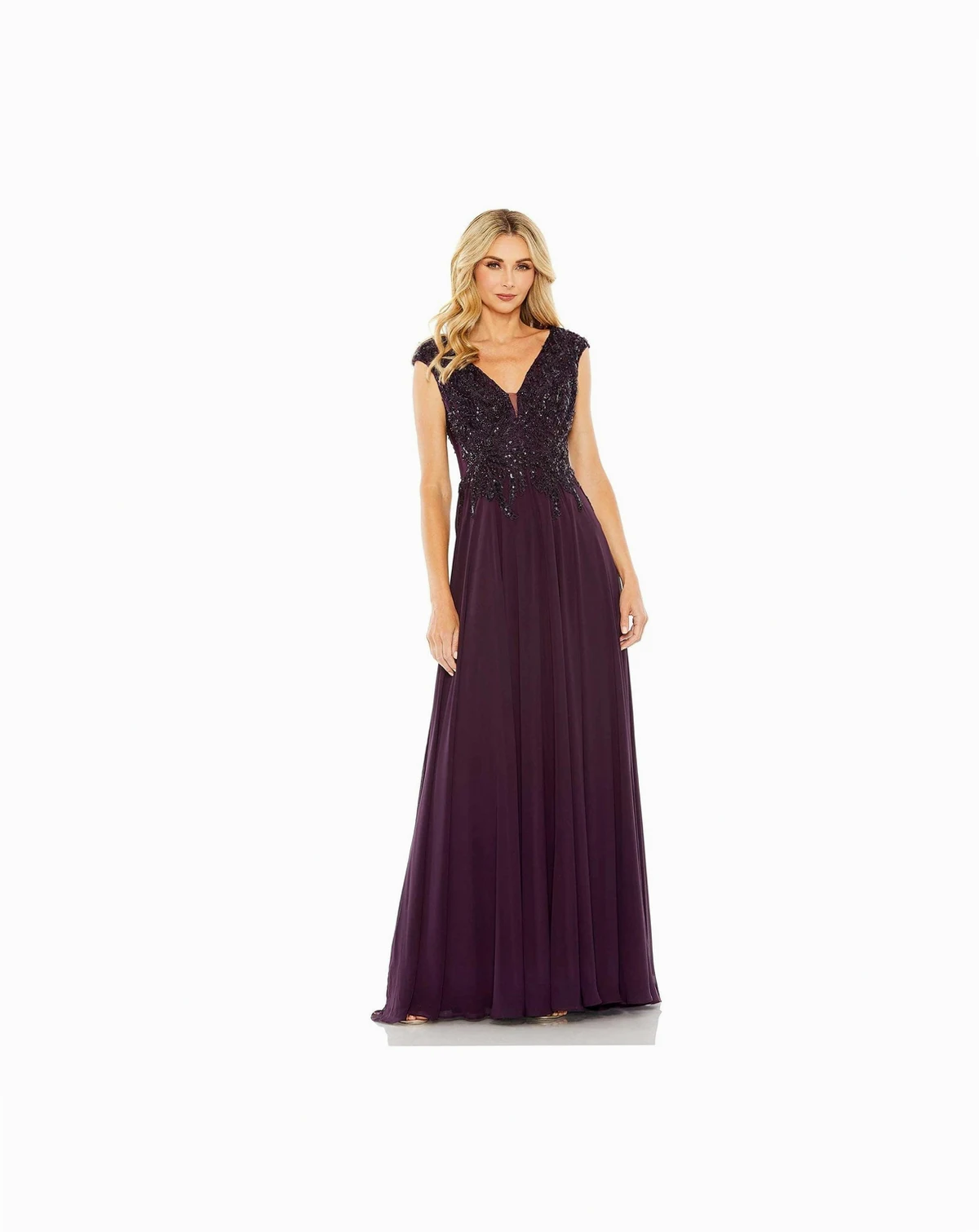 Women's Appliqued Cap Sleeve Bodice Flowy Gown
