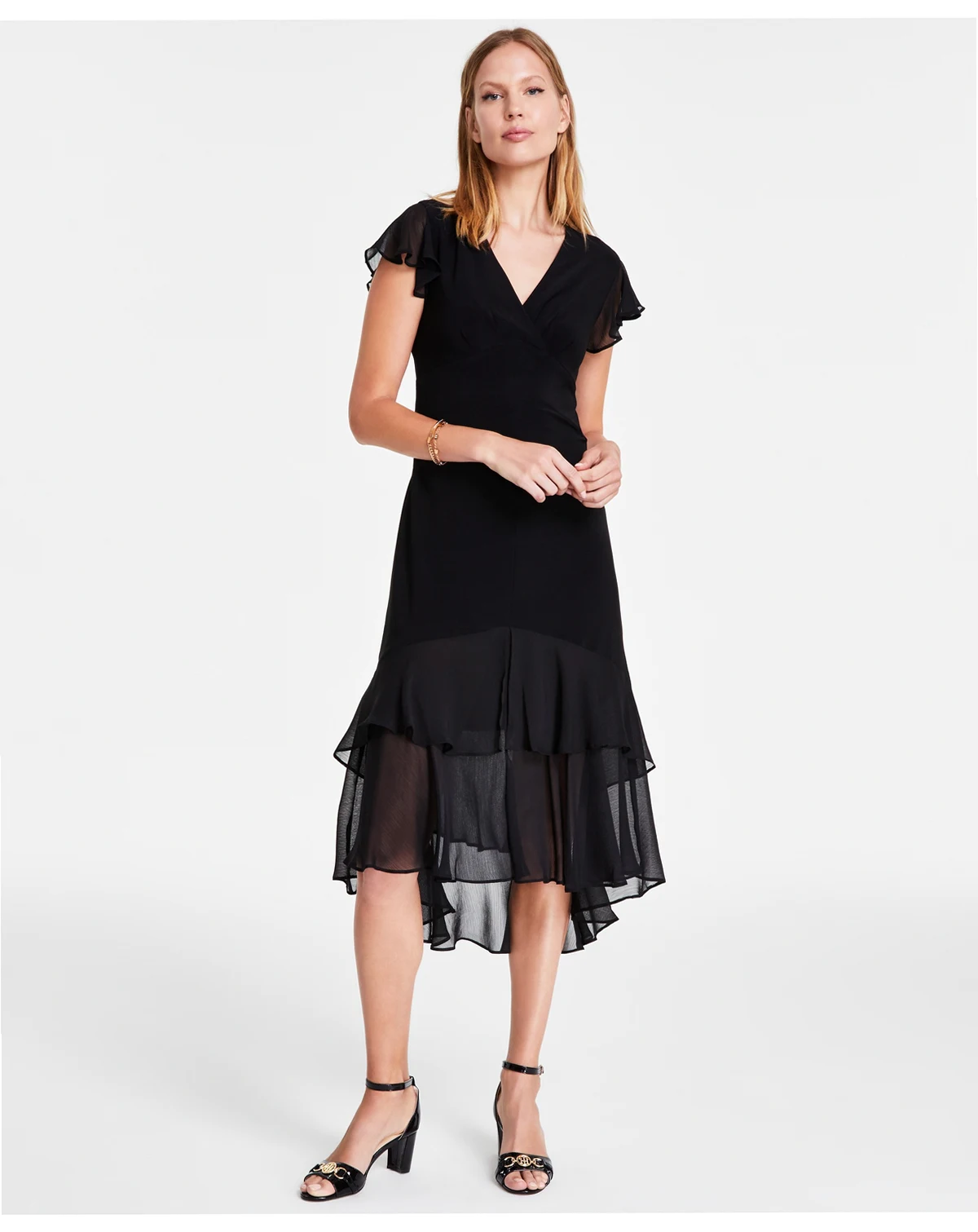 Women's V-Neck Chiffon-Trim Midi Dress with Flutter Sleeves