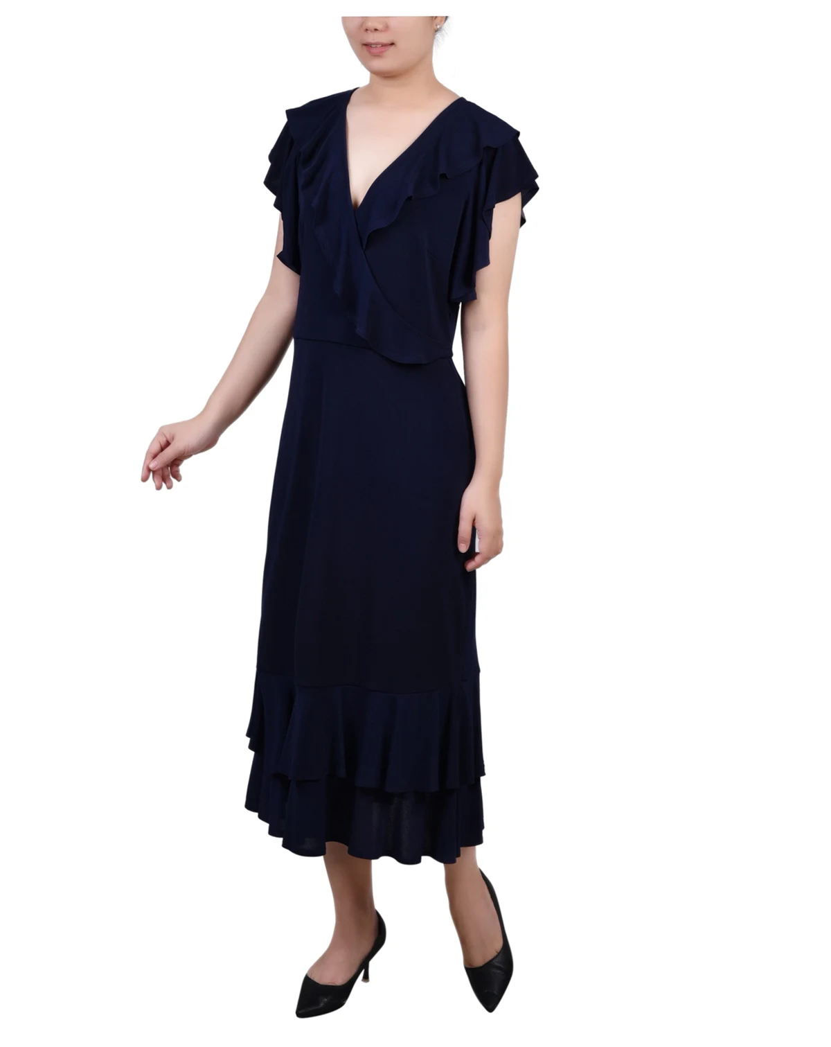 Women's Short Flutter Sleeve Ruffle Neck Dress