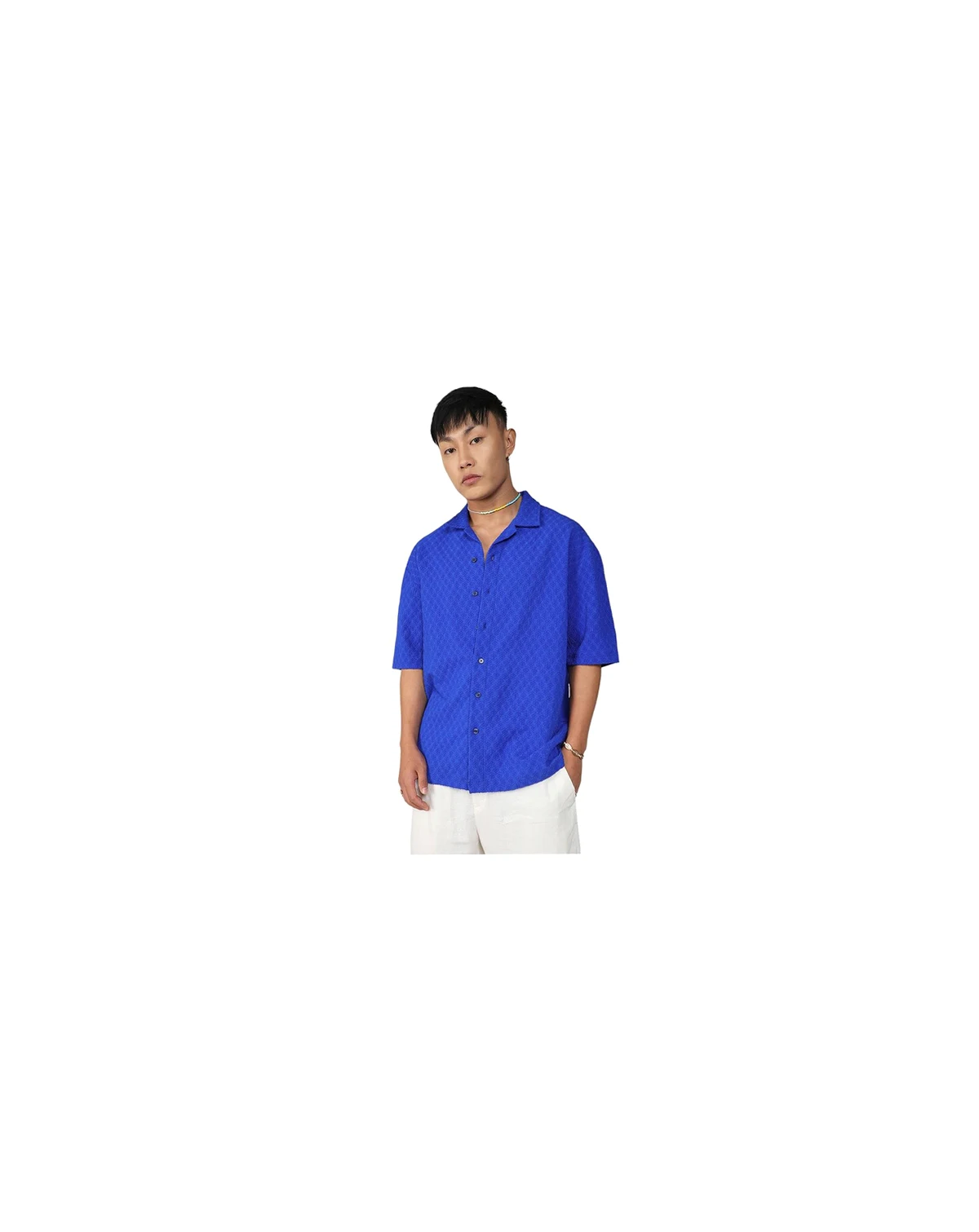 Men's Royal Blue Textured Geometric Oversized Shirt