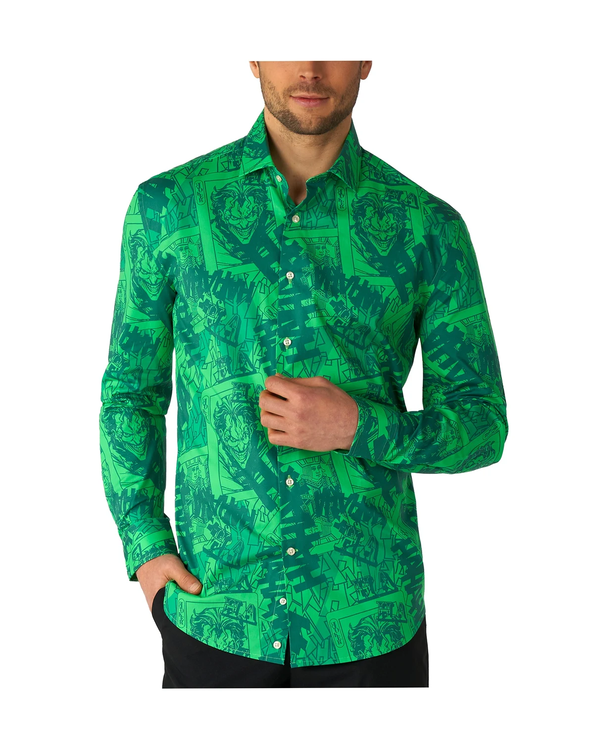 Men's Shirt - Official DC Comics Warner Bros - The Joker a   Button Down Shirt - Slim Fit - Green - Long sleeve