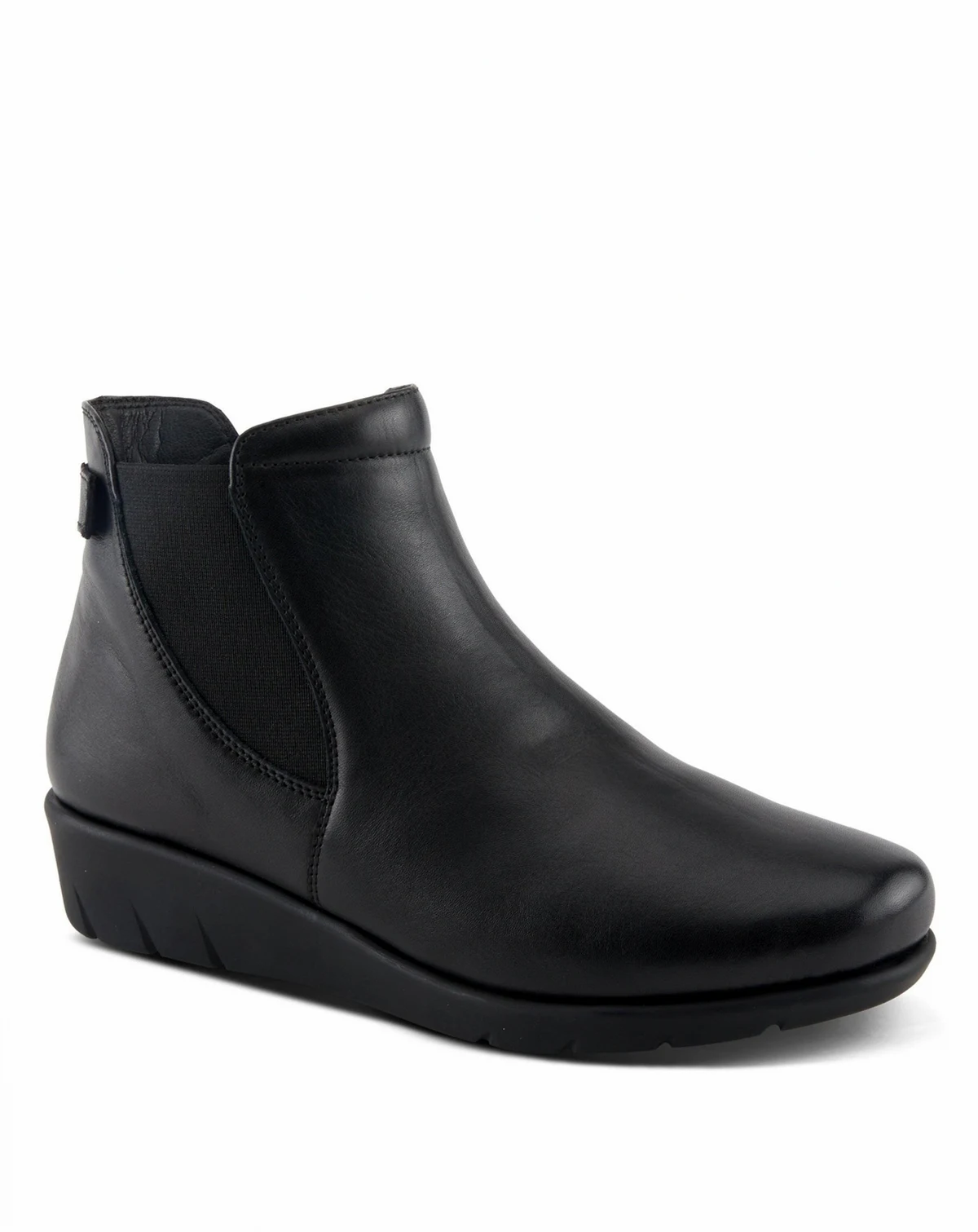 Apso Leather Wedge Bootie with Elastic Panel, Inside Zipper, and Removable Insole