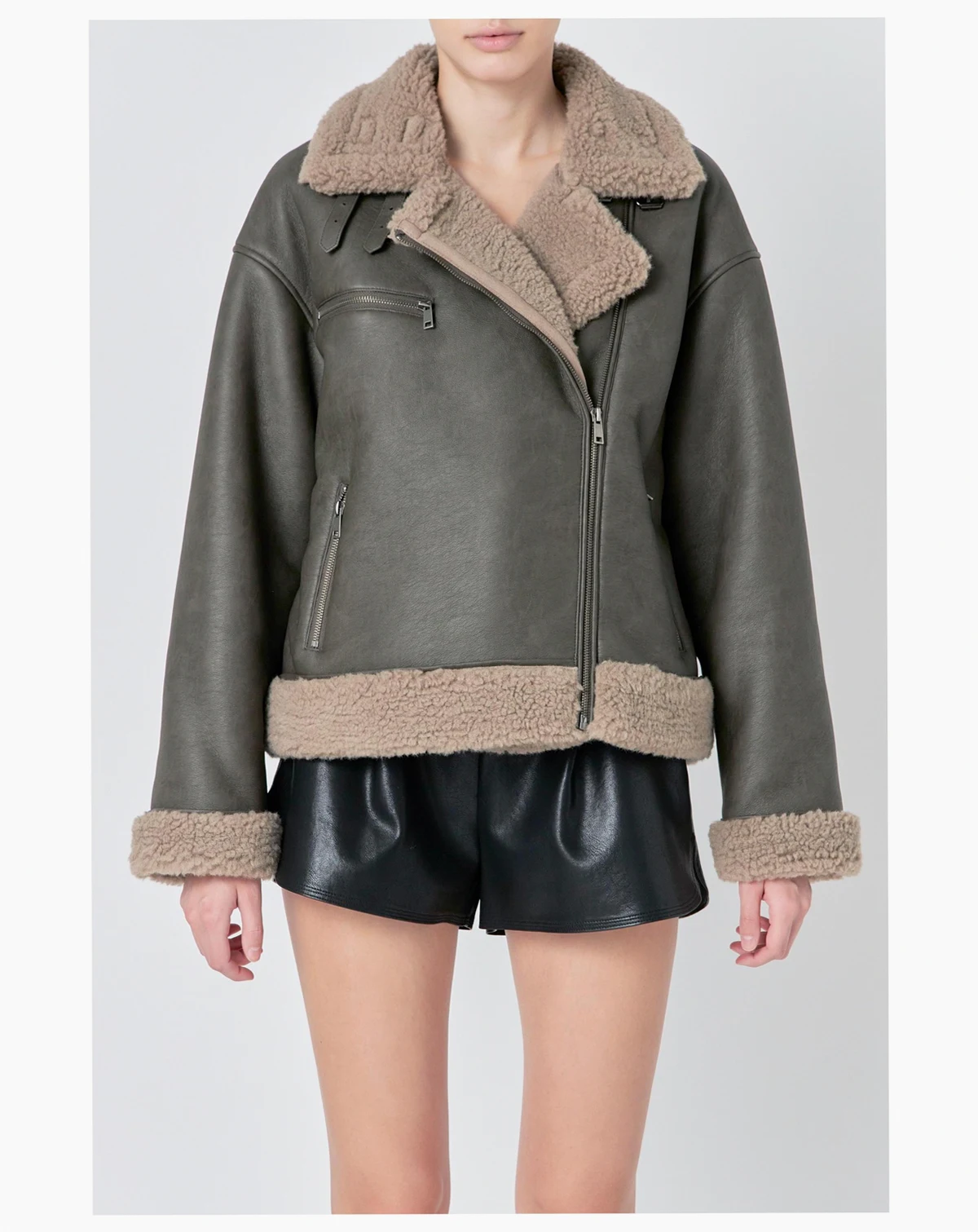 Women's Faux Leather Jacket with Sherpa Lining