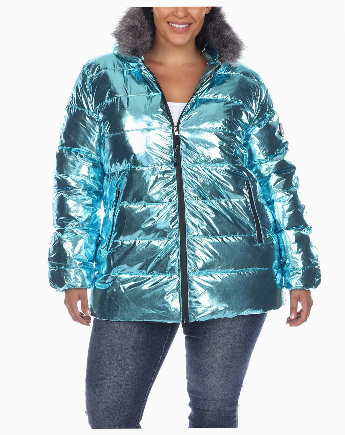 Plus Size Metallic Puffer Coat with Hoodie