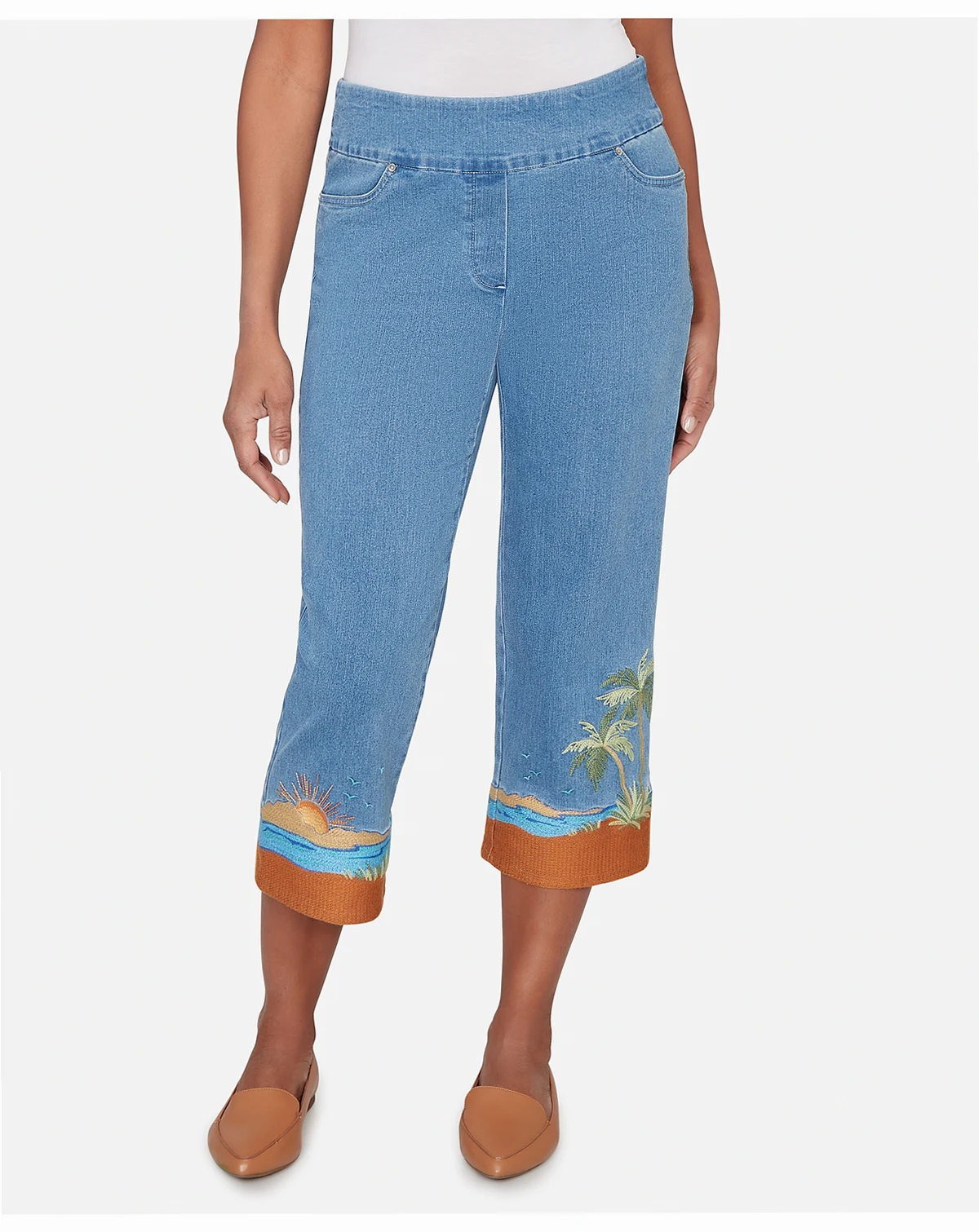 Women's  Beachcomber Beach Embroidered Cuff Super Stretch Denim Capri Jeans