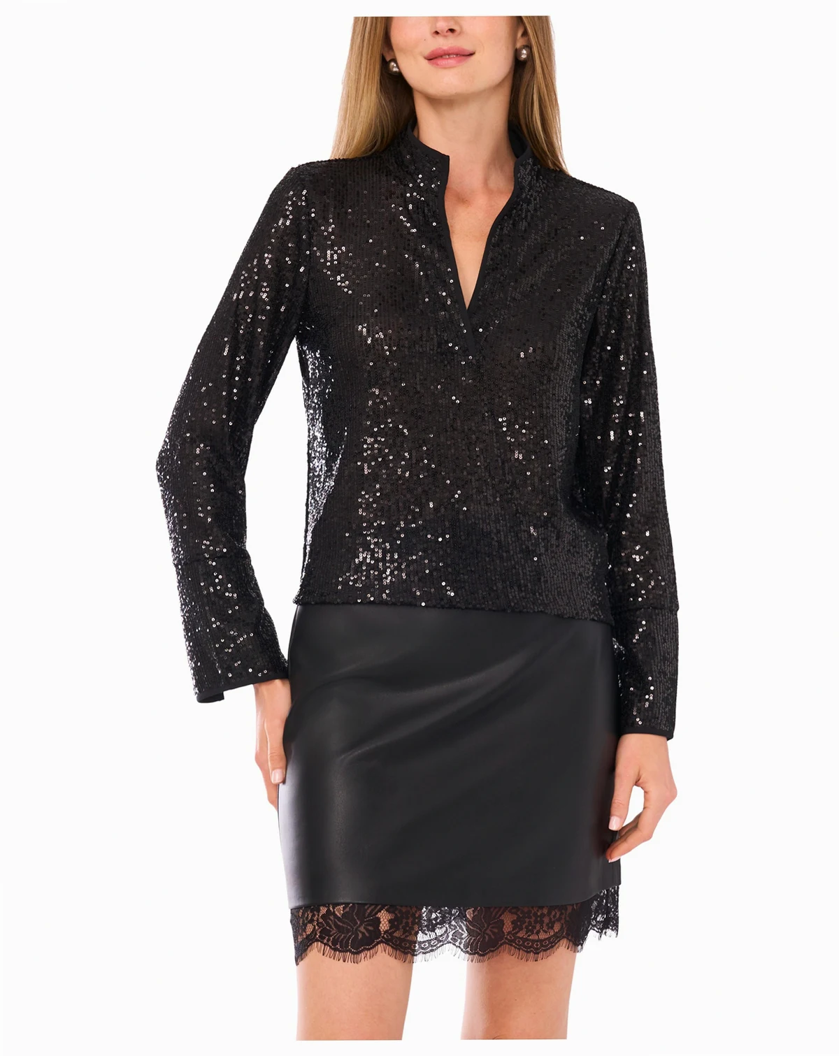 Women's Sequined Split-Neck Tunic Top