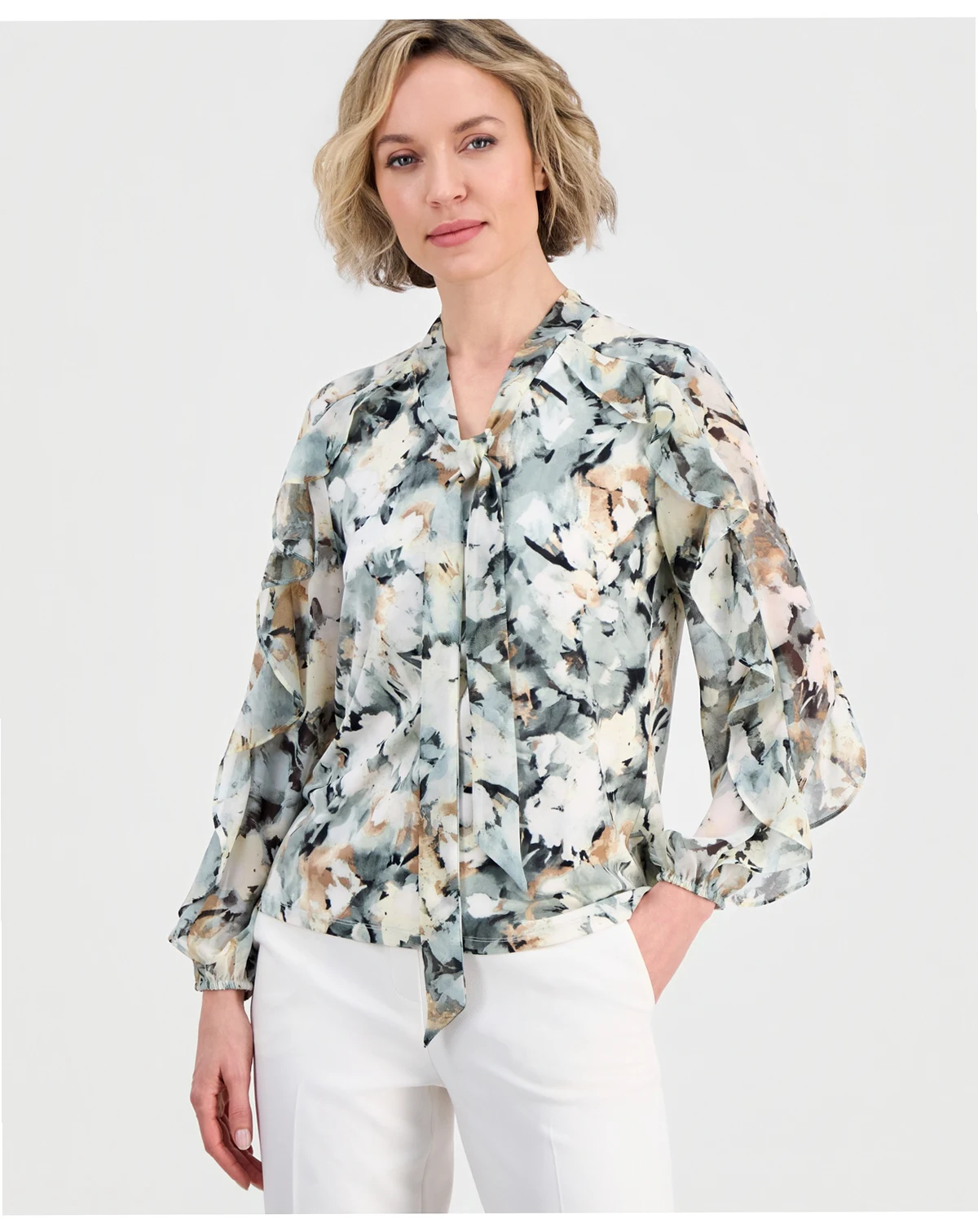 Women's Printed Tie-Neck Ruffle Blouse