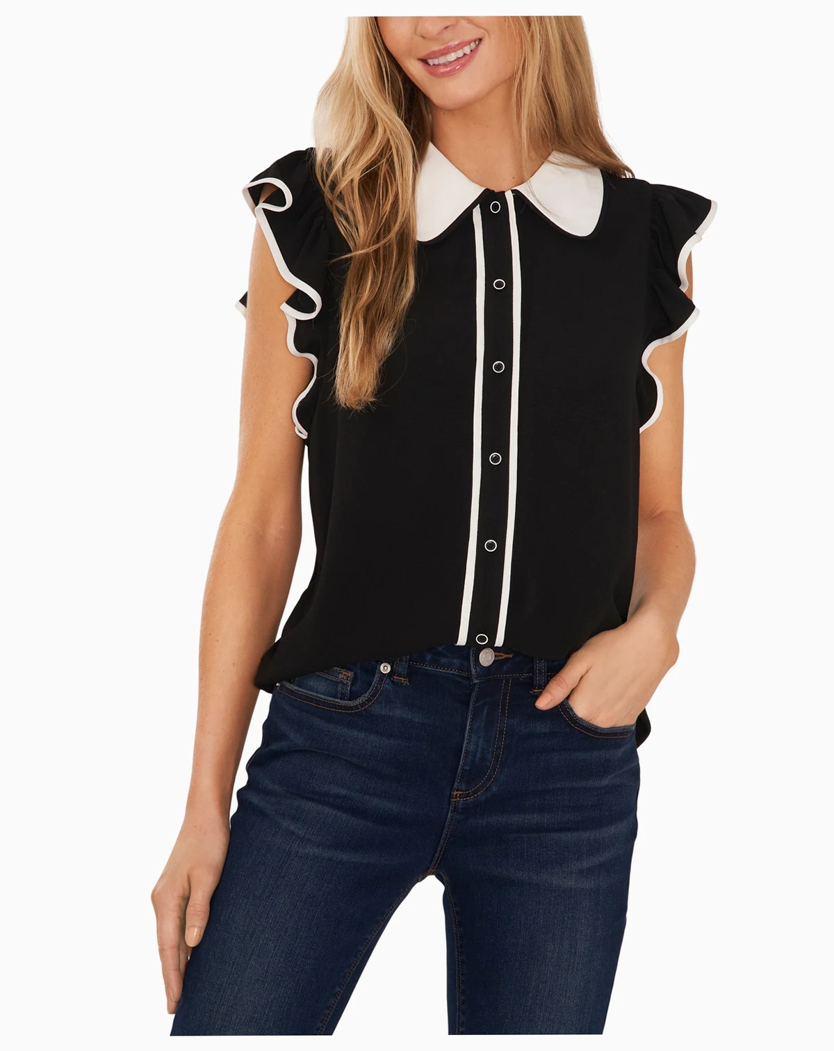 Women's Contrast Trimmed Flutter Sleeve Blouse