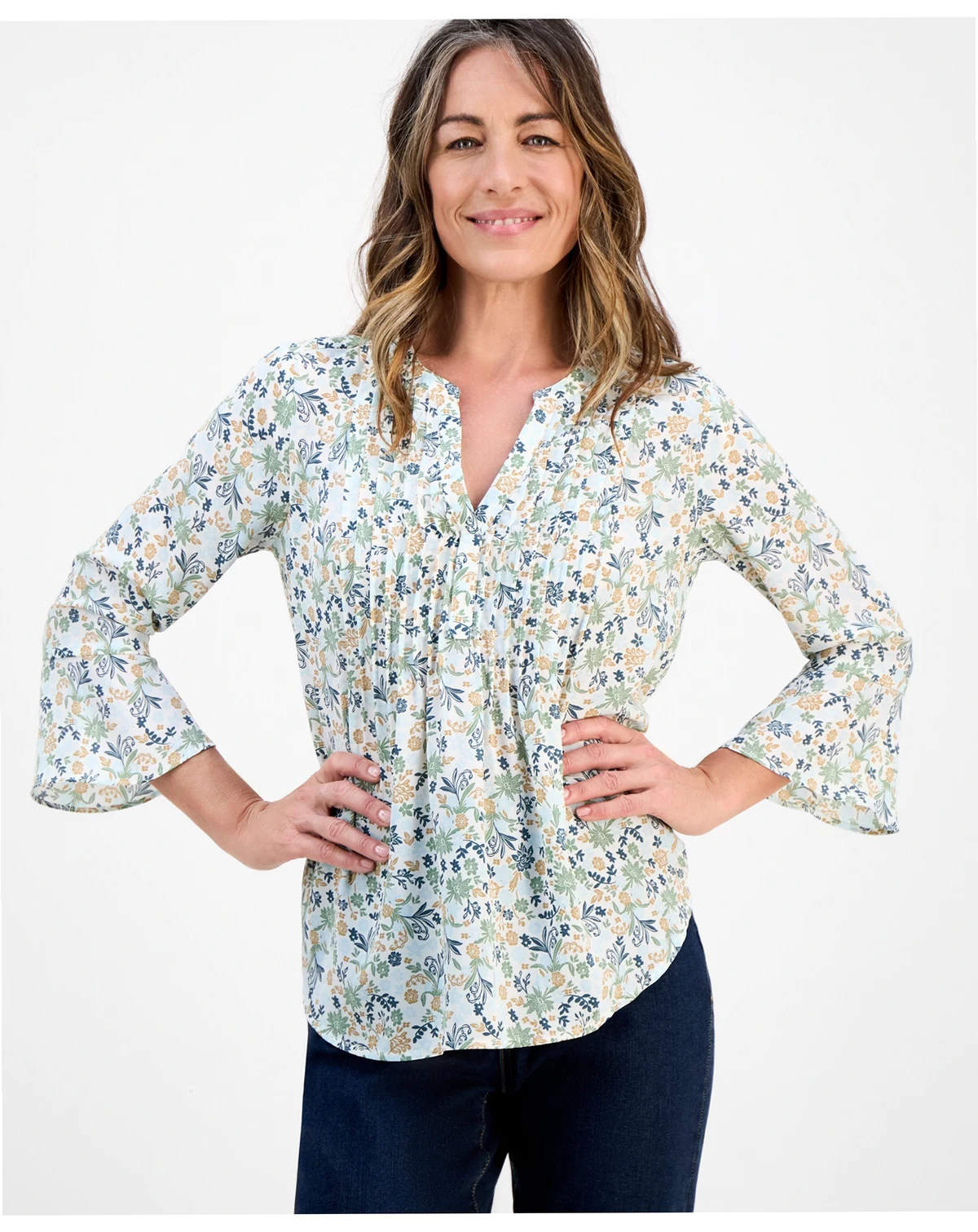Petite Romance Ditsy Pintucked Top, Macy's Exclusive