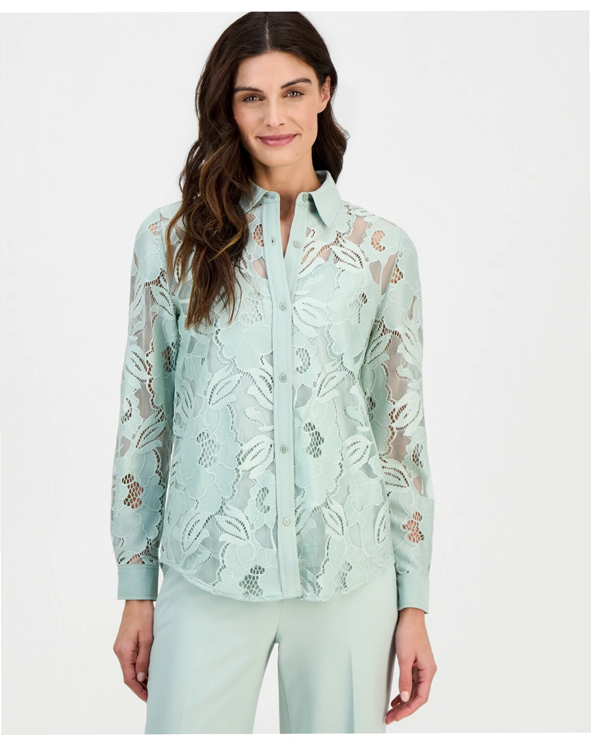 Women's Collared Floral-Lace Button-Front Shirt