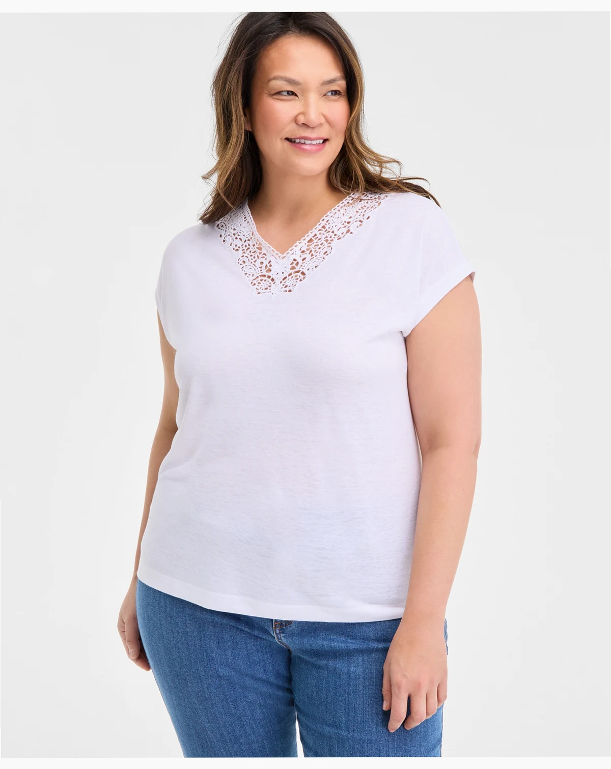 Plus Size Lace-Trim-V-Neck Short-Sleeve T-Shirt, Exclusively at Macy's