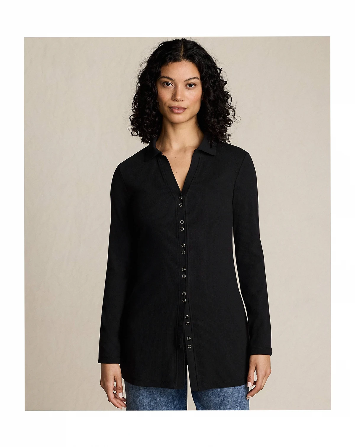 Women's Long Sleeve Polished Rib Button Through Tunic Shirt