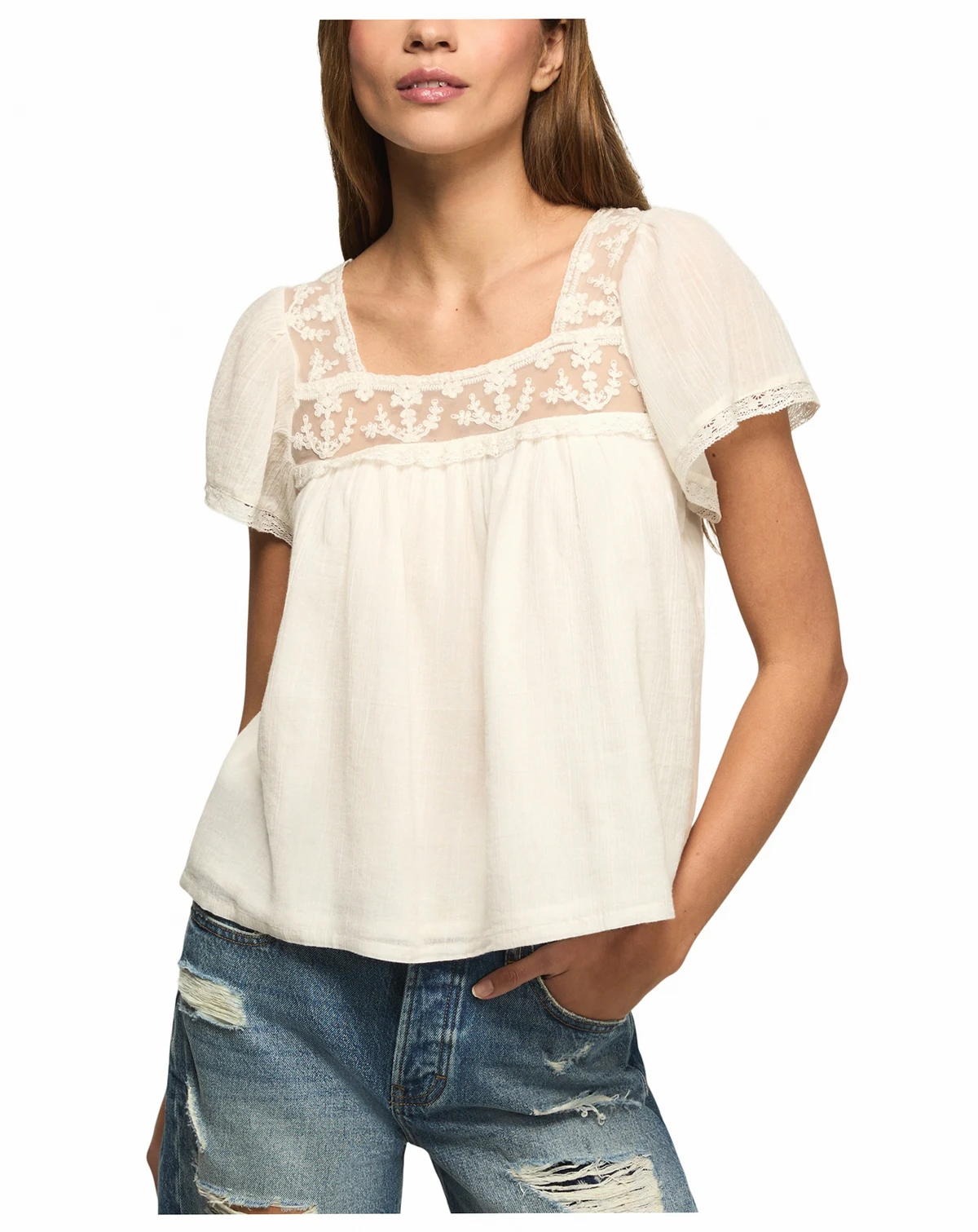 Women's Mesh Lace Square Neck Top