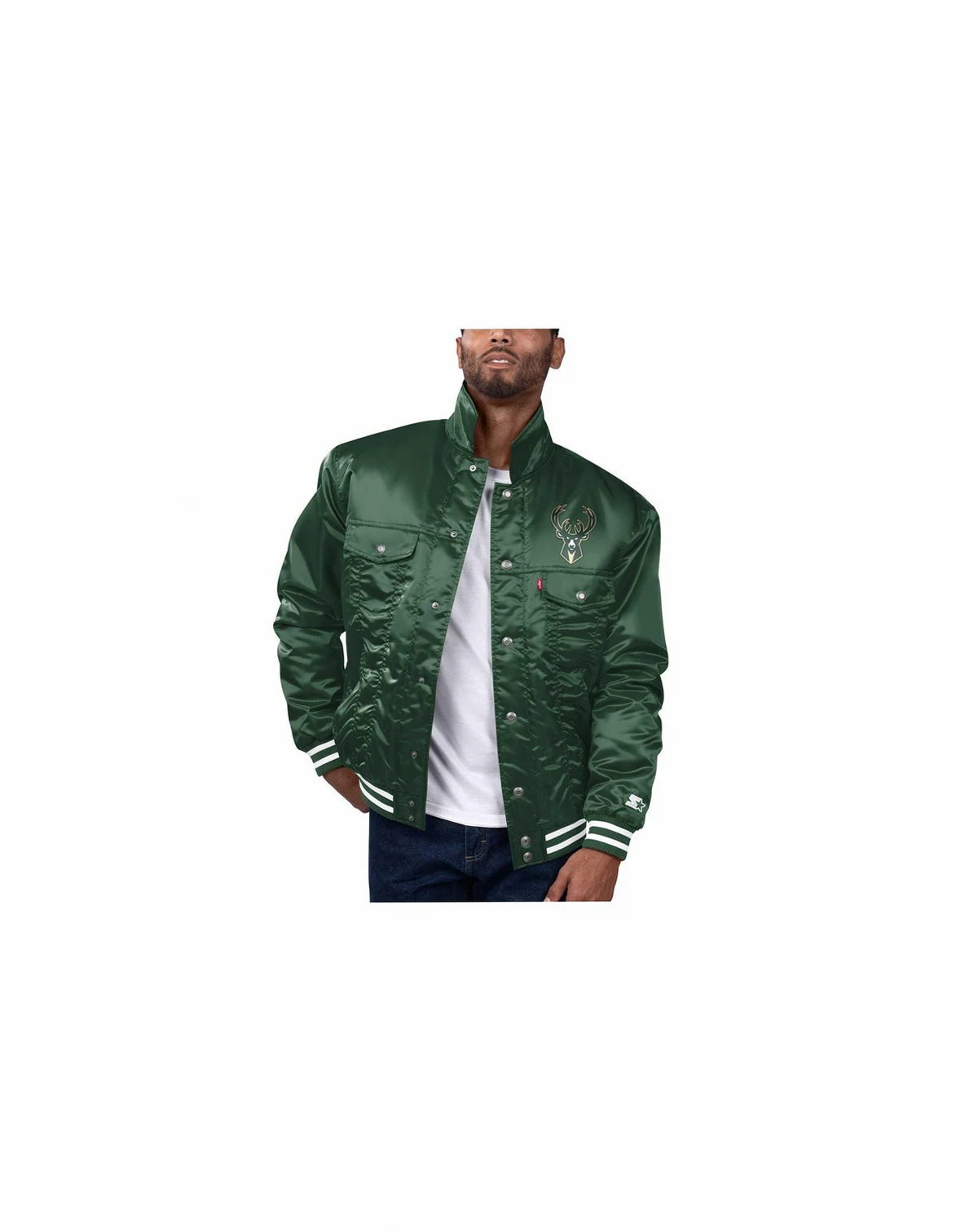 x Levi's Men's Hunter Green Milwaukee Bucks Silver Label Trucker Satin Full-Snap Jacket