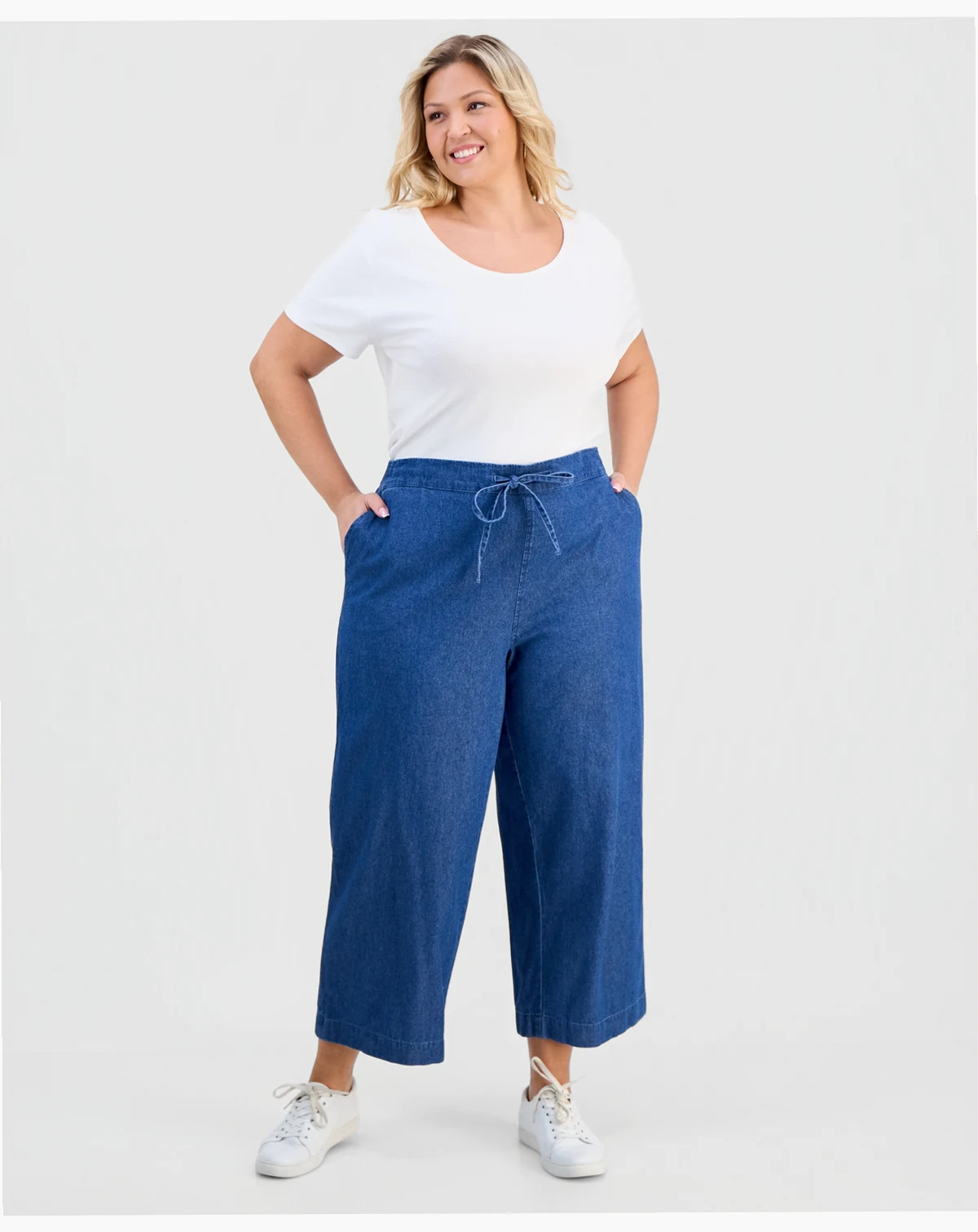 Plus Size Cotton Mid-Rise Pull-On Chambray Pants