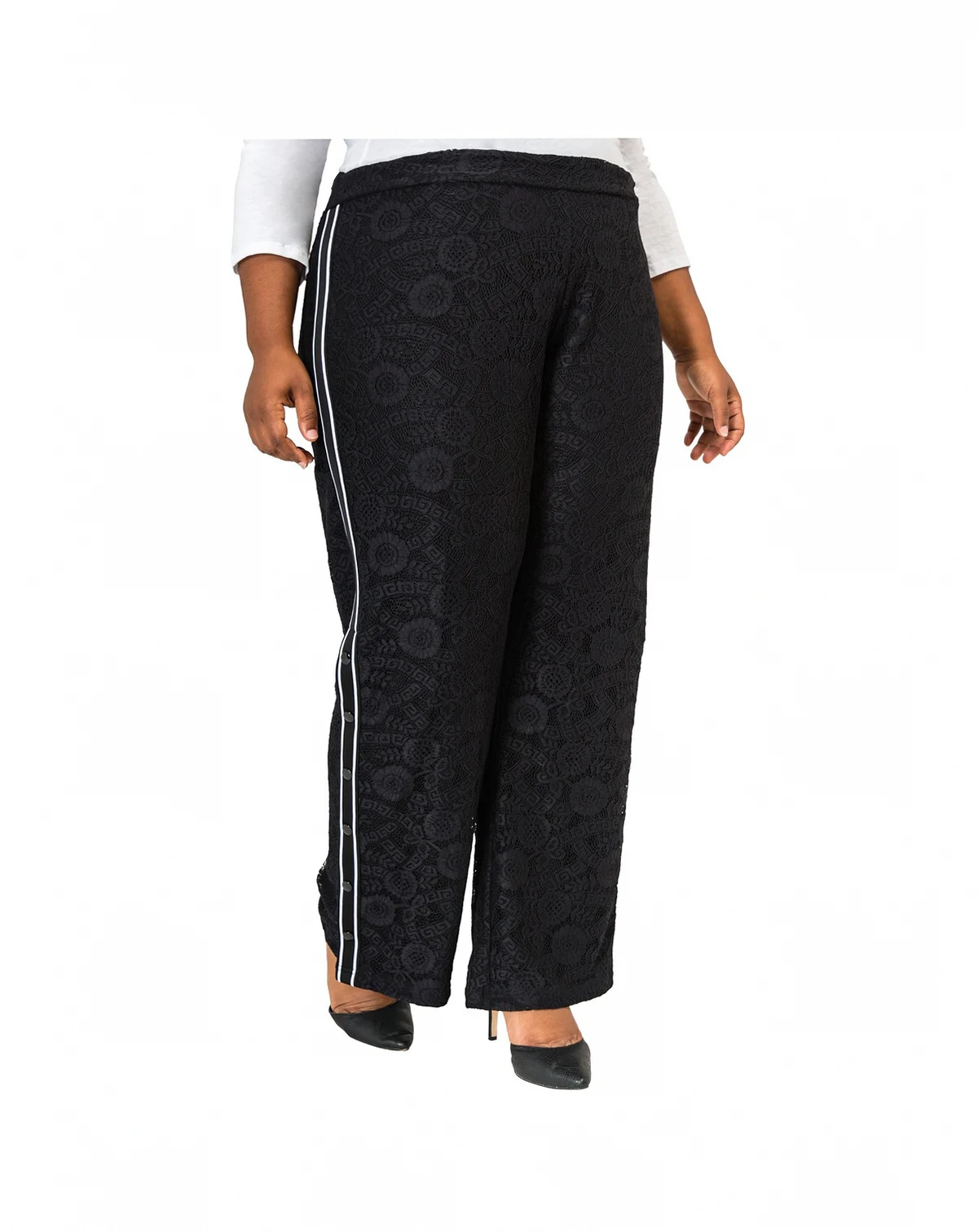 Plus Size Athleisure Stripe Snap Lace Palazzo Pants
