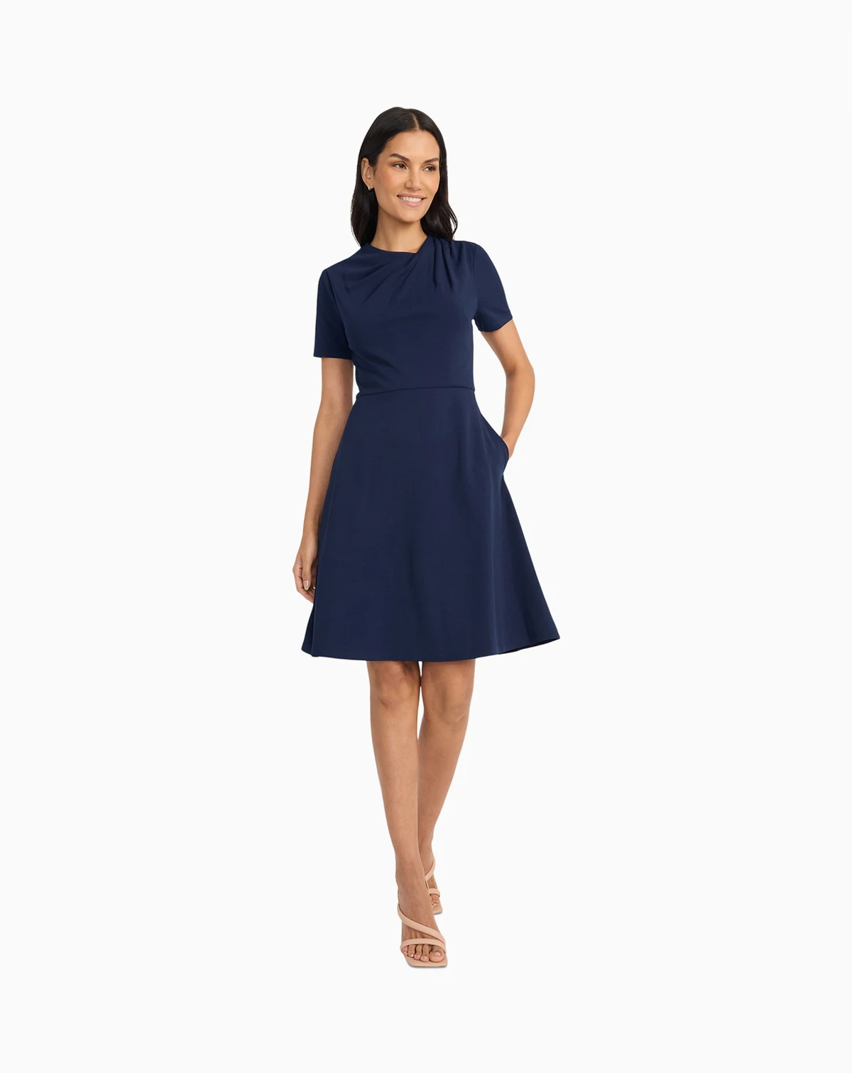 Women's Solid Asymmetric-Neck Flared Work Dress