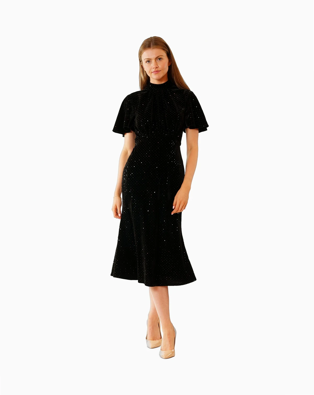 Women's Short-Sleeve Velvet Midi Dress