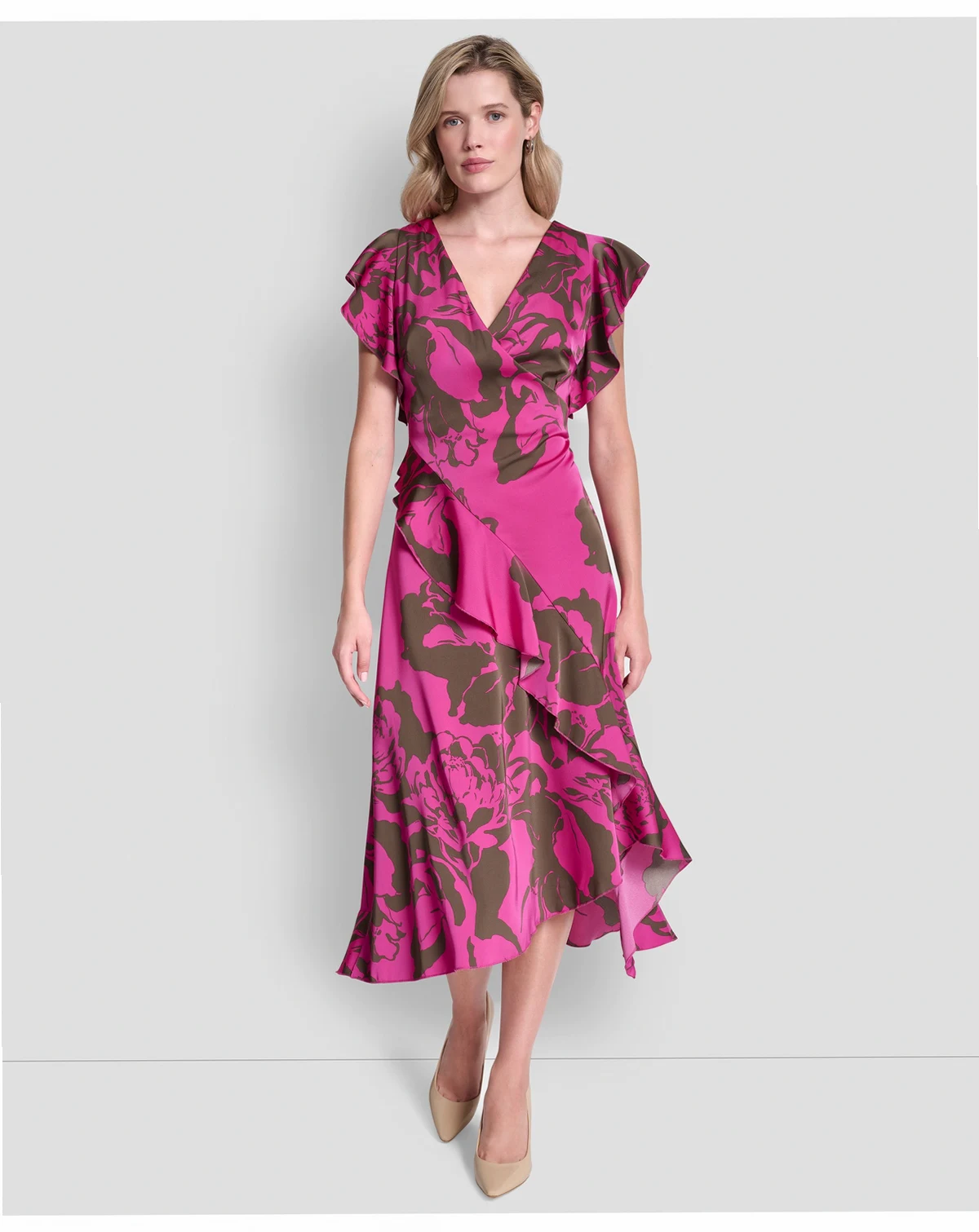 Women's Cap-Sleeve Surplice Neck Ruffle Midi Dress