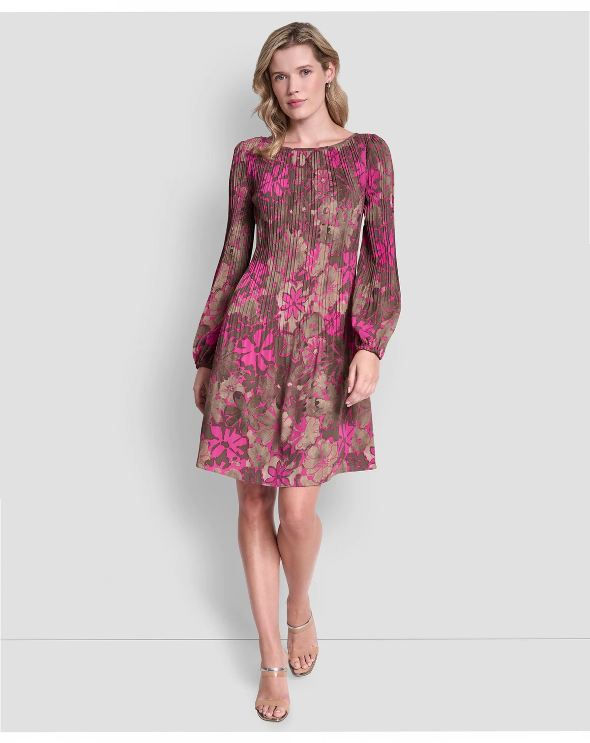 Women's Long-Sleeve Release Pleat Shift Dress