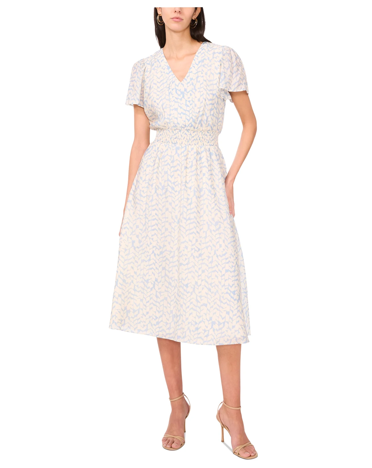 Women's Printed V-Neck Smocked-Waist Midi Dress