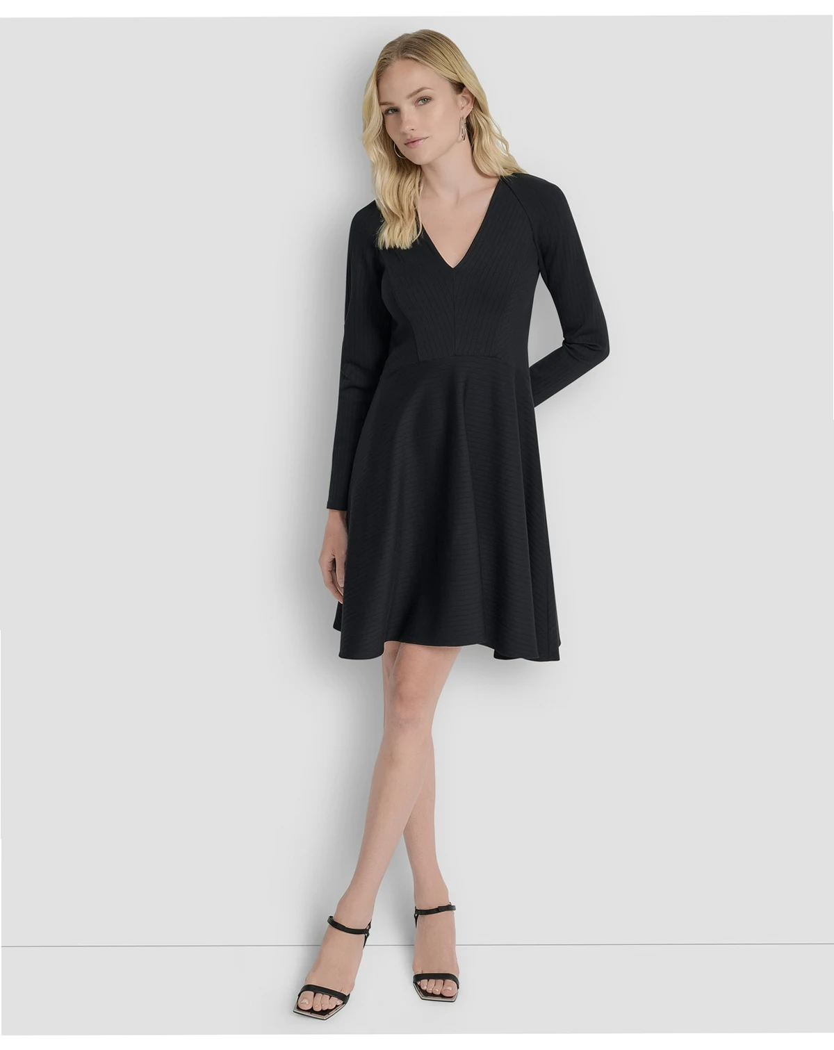 Women's Long Sleeve Rib Knit Fit and Flare Dress