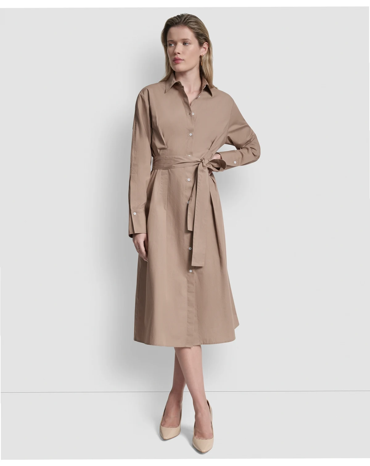 Women's Long-Sleeve Collared Neck Midi Shirt Dress