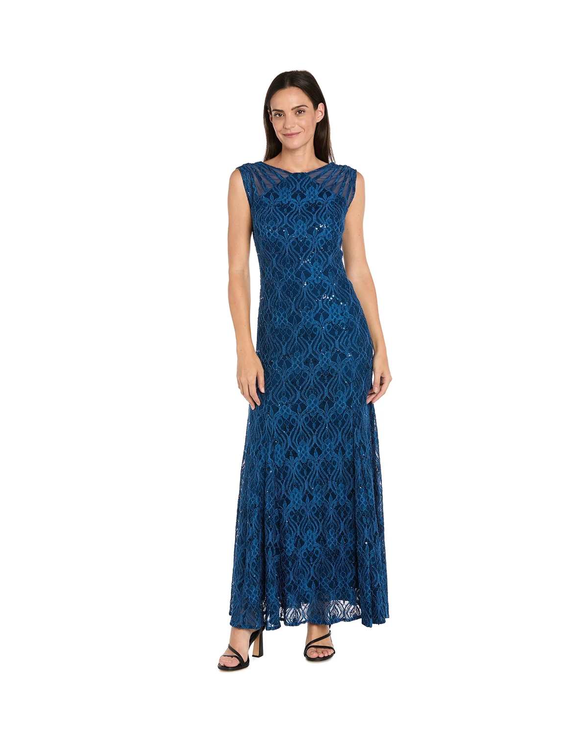 Women's Long Embellished Illusion-Detail Lace Gown