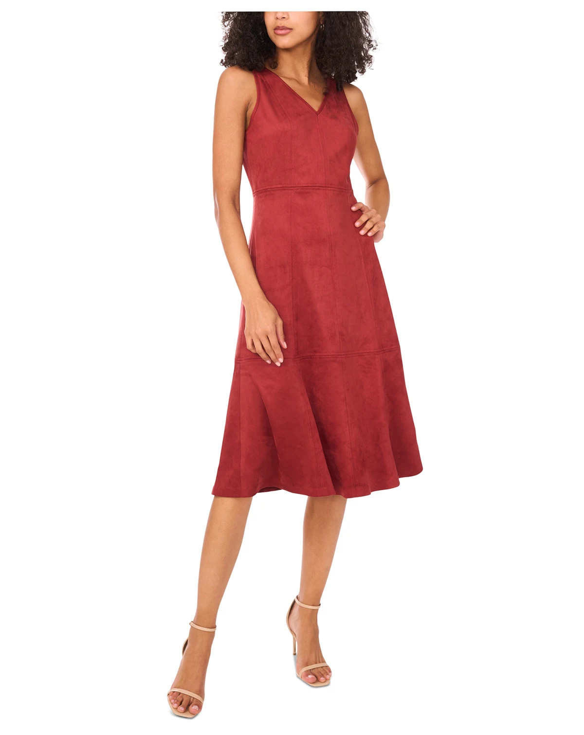 Women's Faux-Suede Seamed V-Neck Sleeveless Midi Dress
