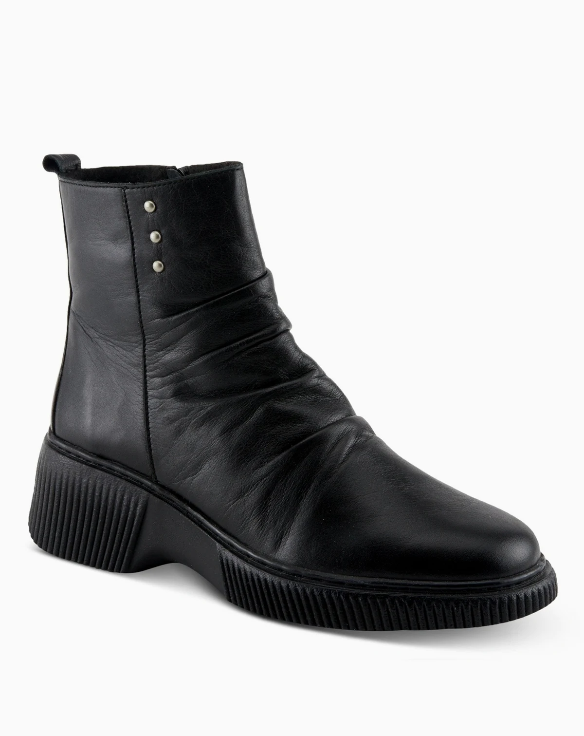 Nayana Leather Bootie with Ruching Detail, Removable Insole, and Lugged Sole