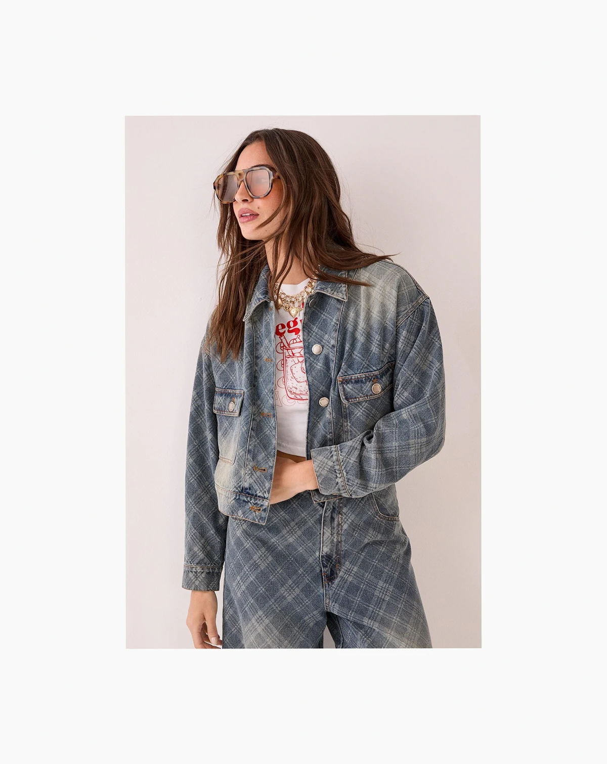 Women's Check Denim Distressed Jacket