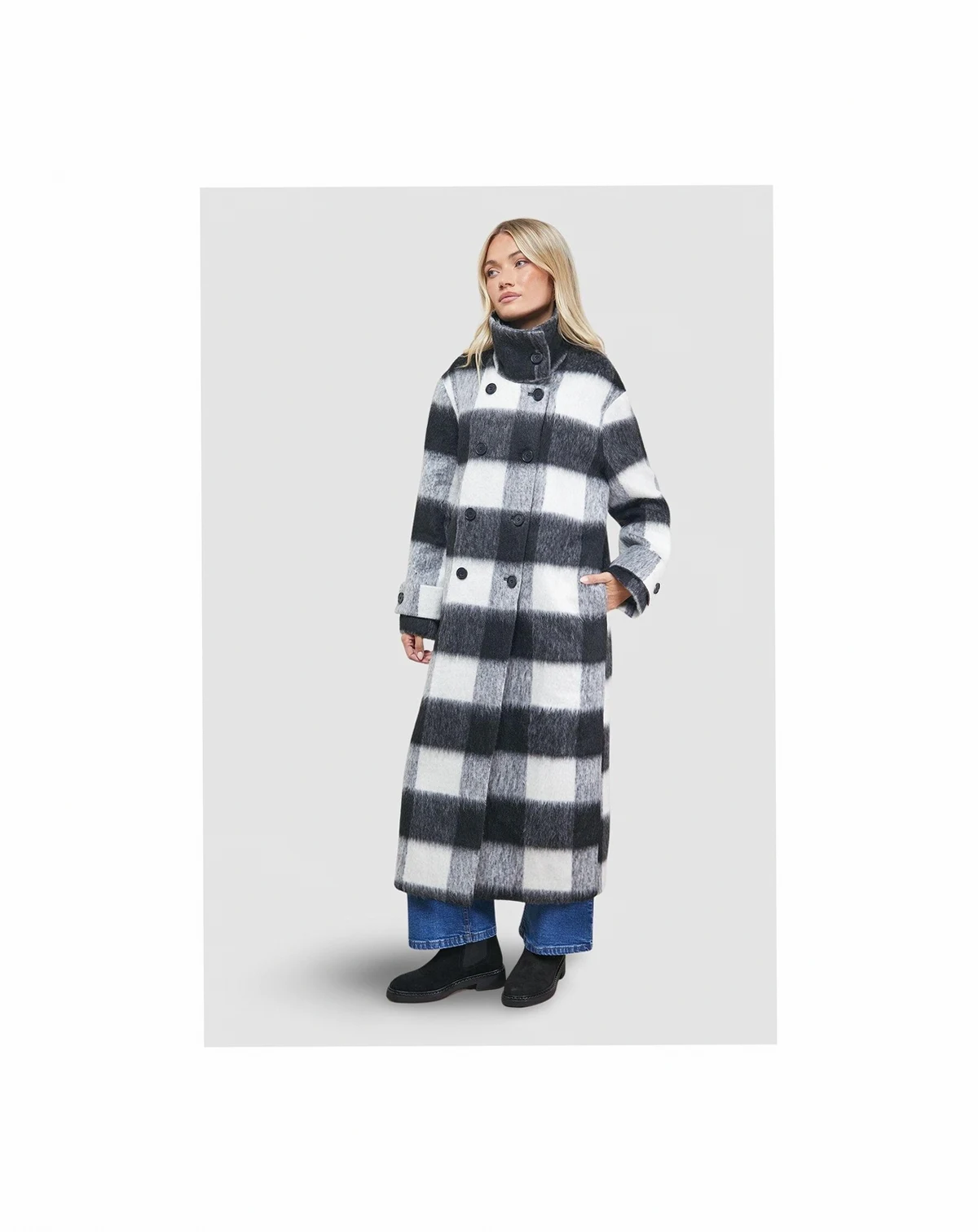 Women's Brushed Check Funnel Neck Coat