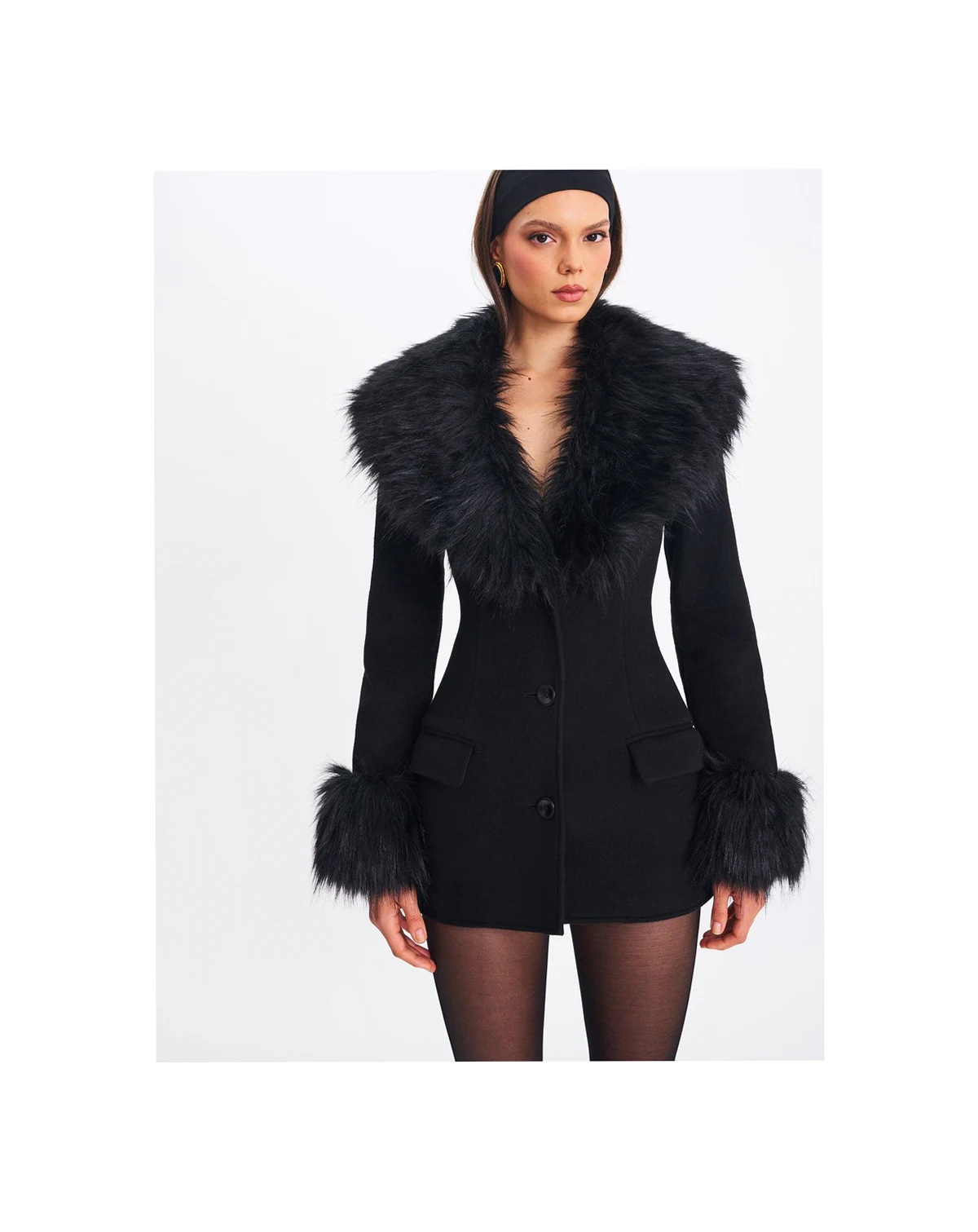 Women Hailee Black Single Breasted Wool Blend Mini Coat with Removable Fur Lapel